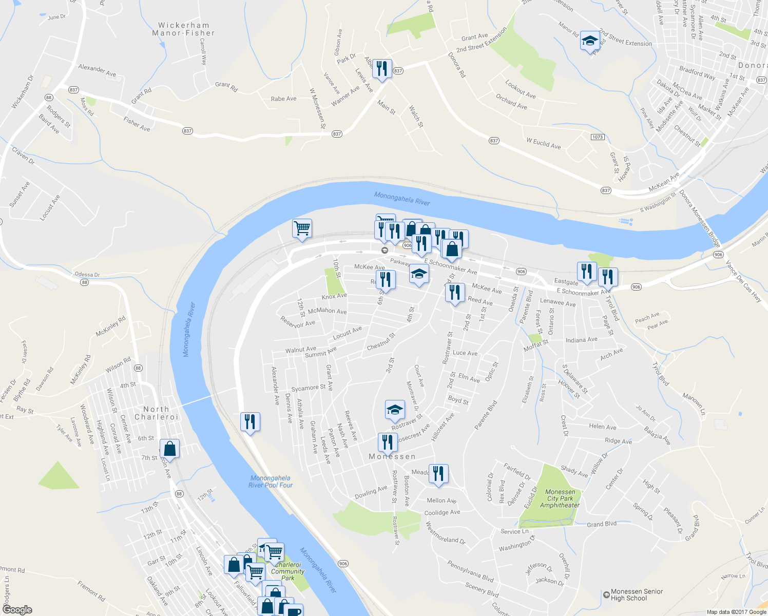 map of restaurants, bars, coffee shops, grocery stores, and more near 469 Motheral Ave in Monessen
