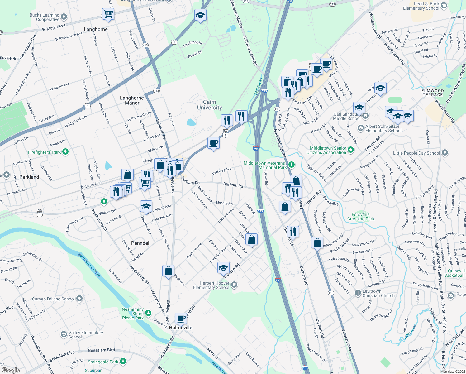 map of restaurants, bars, coffee shops, grocery stores, and more near 510 Claymont Avenue in Langhorne