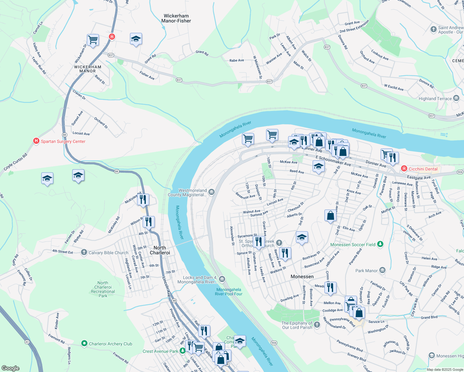 map of restaurants, bars, coffee shops, grocery stores, and more near 1247 Knox Ave in Monessen