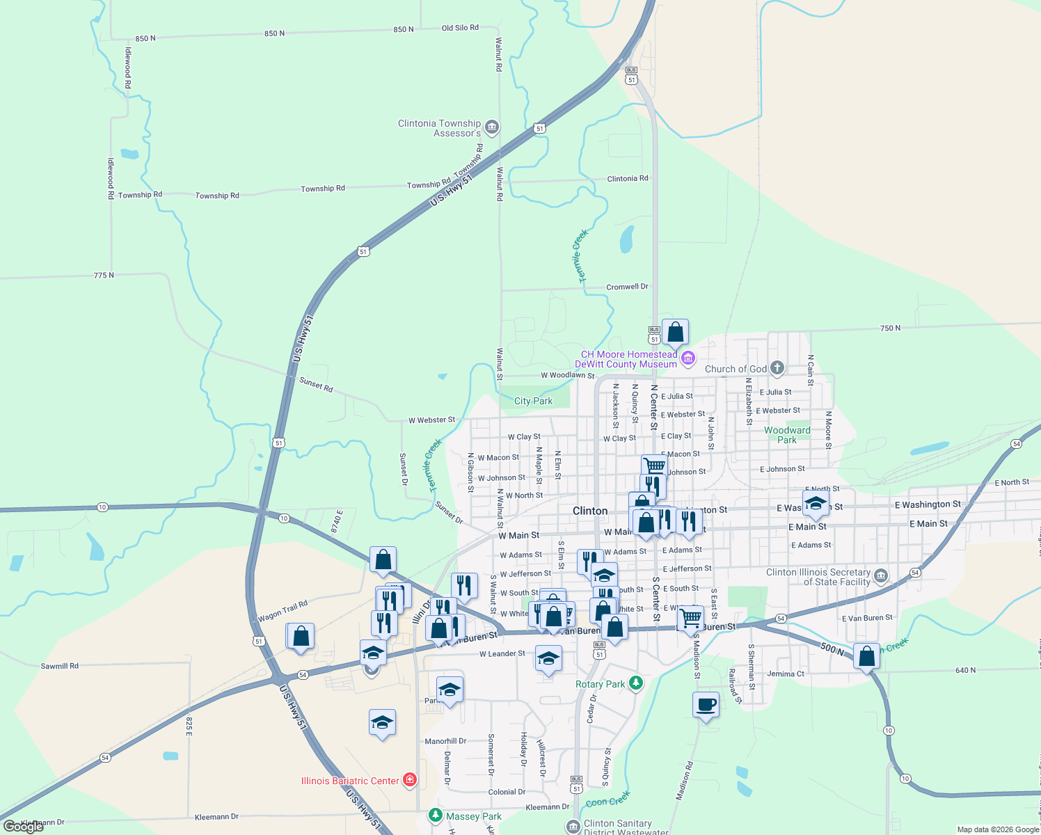 map of restaurants, bars, coffee shops, grocery stores, and more near 818 West Webster Street in Clinton