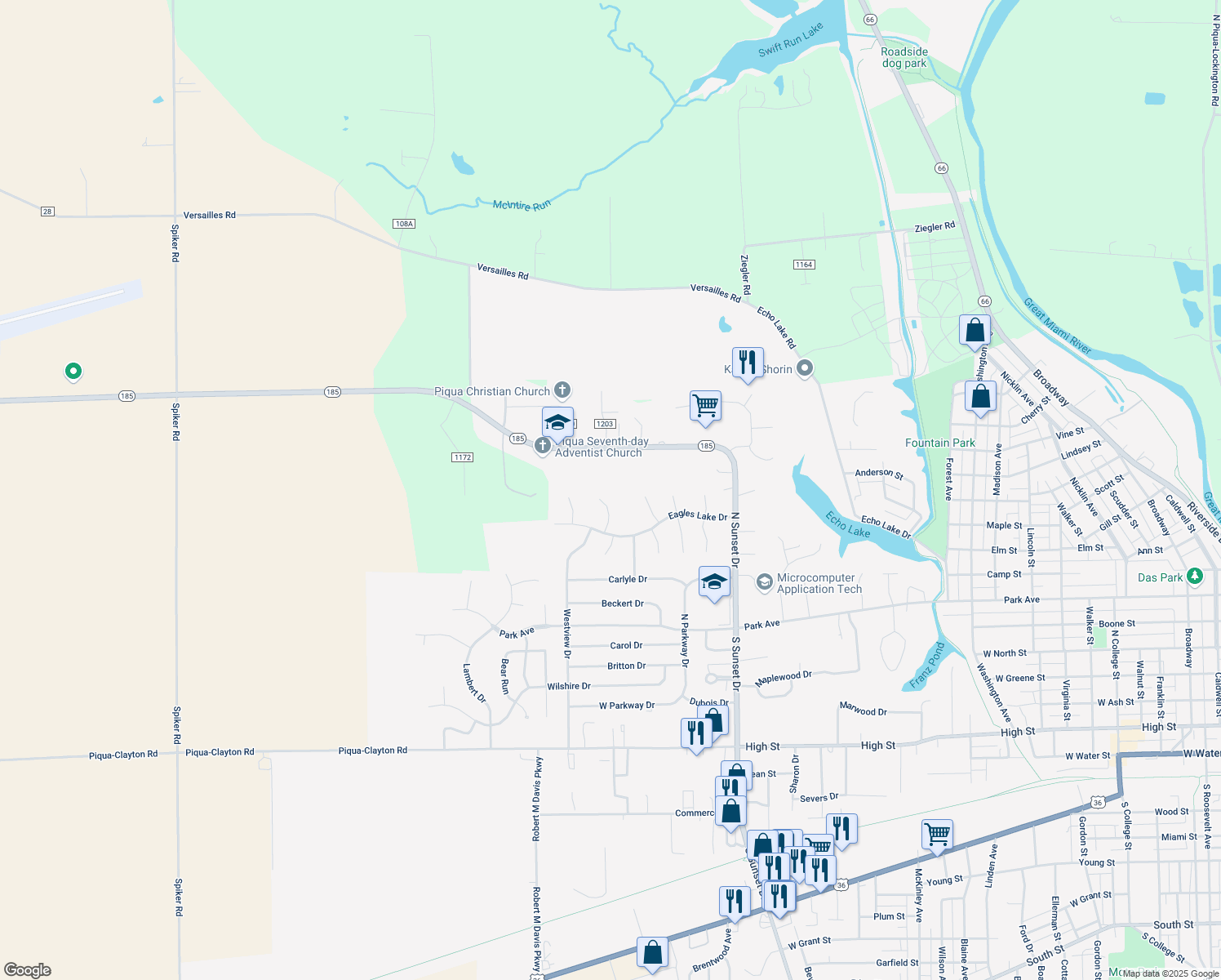 map of restaurants, bars, coffee shops, grocery stores, and more near 15 Golden Eagle Court in Piqua