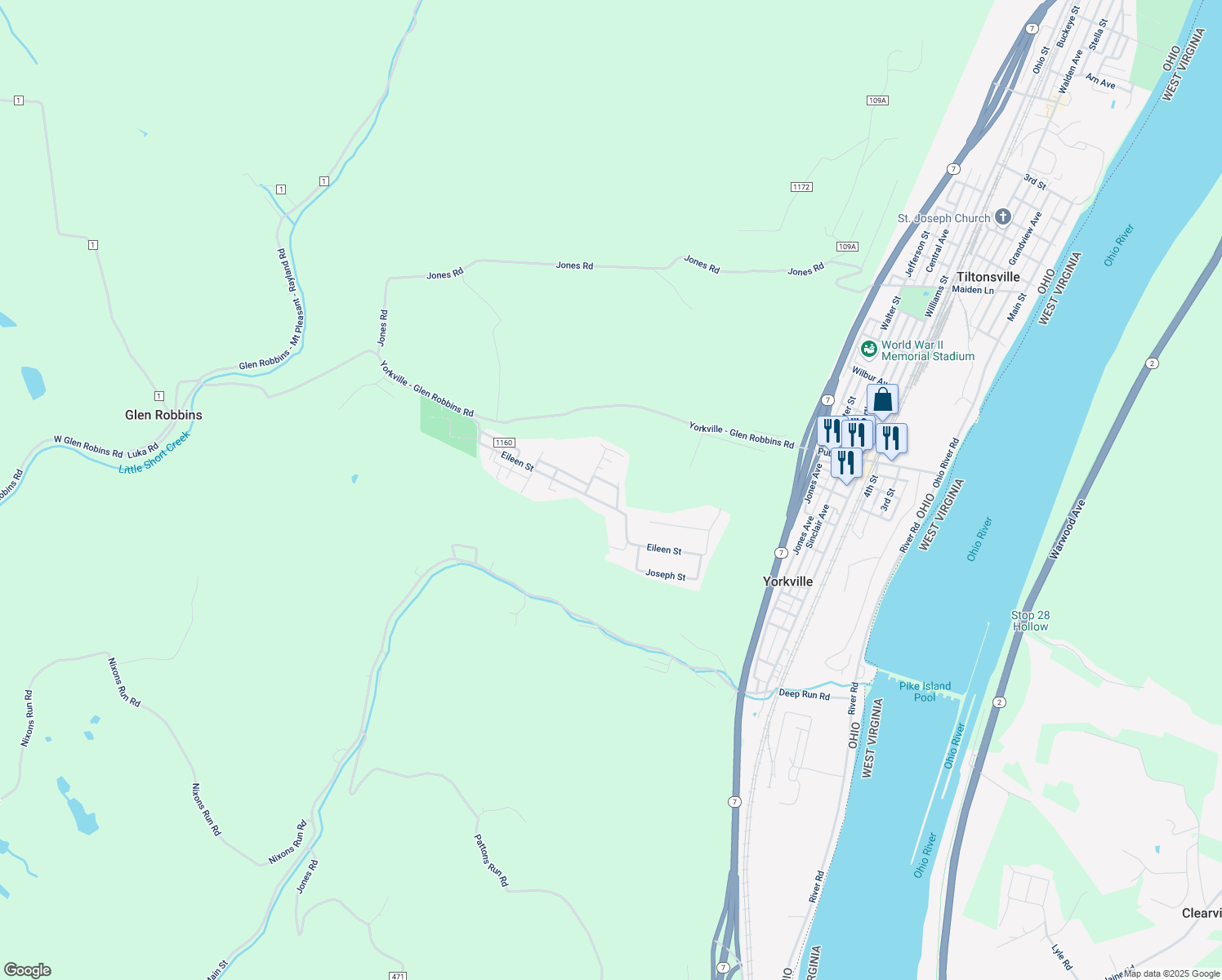 map of restaurants, bars, coffee shops, grocery stores, and more near 67 Jefferson Street in Rayland