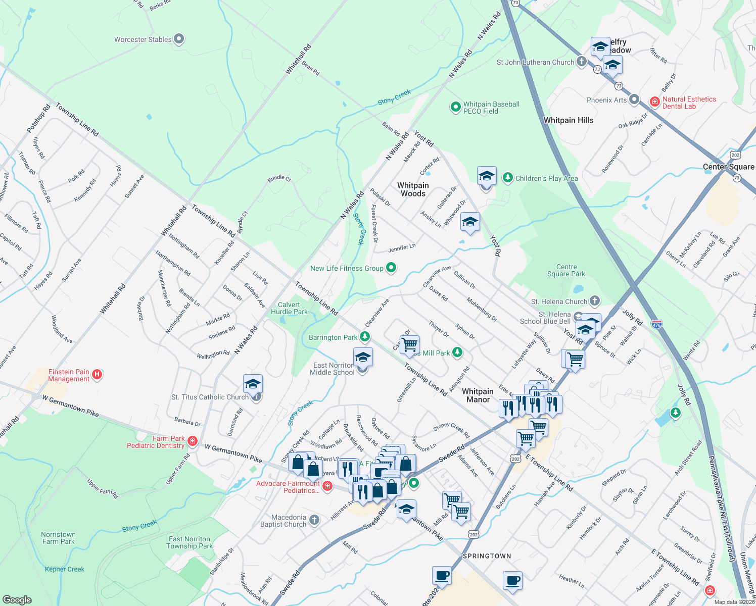 map of restaurants, bars, coffee shops, grocery stores, and more near 1715 Clearview Ave in Blue Bell