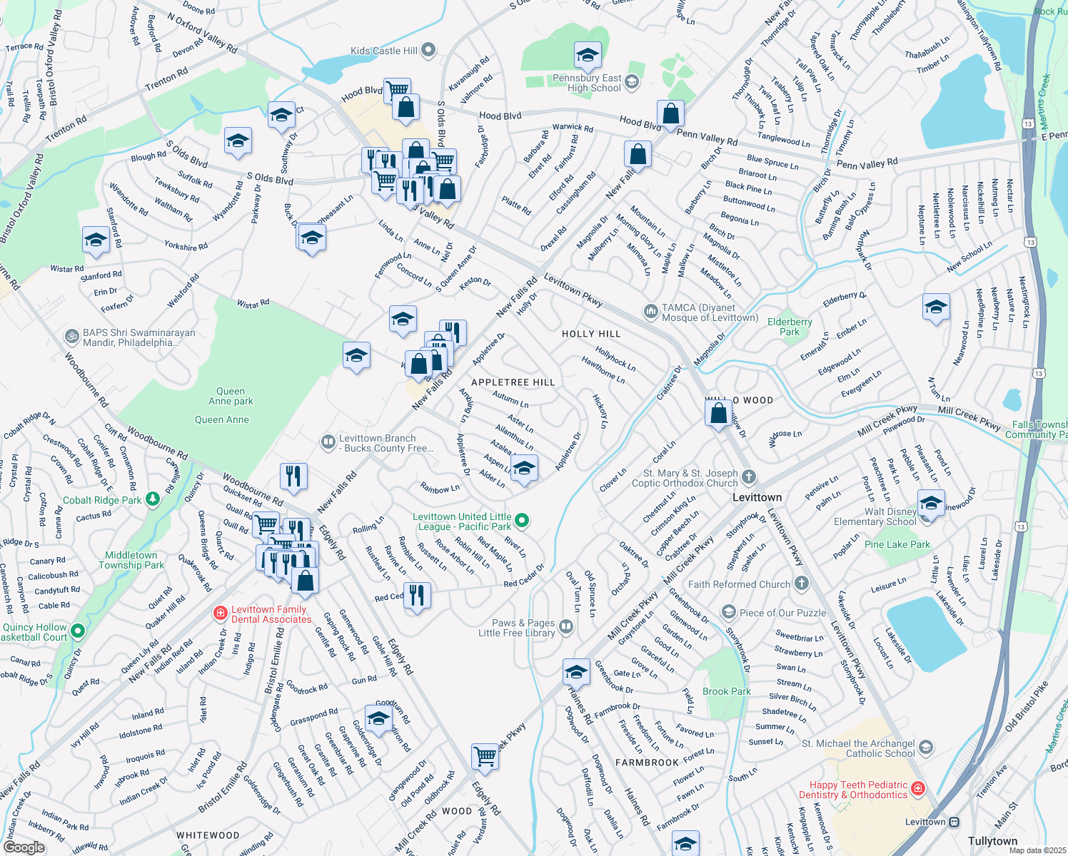 map of restaurants, bars, coffee shops, grocery stores, and more near 34 Aster Lane in Levittown