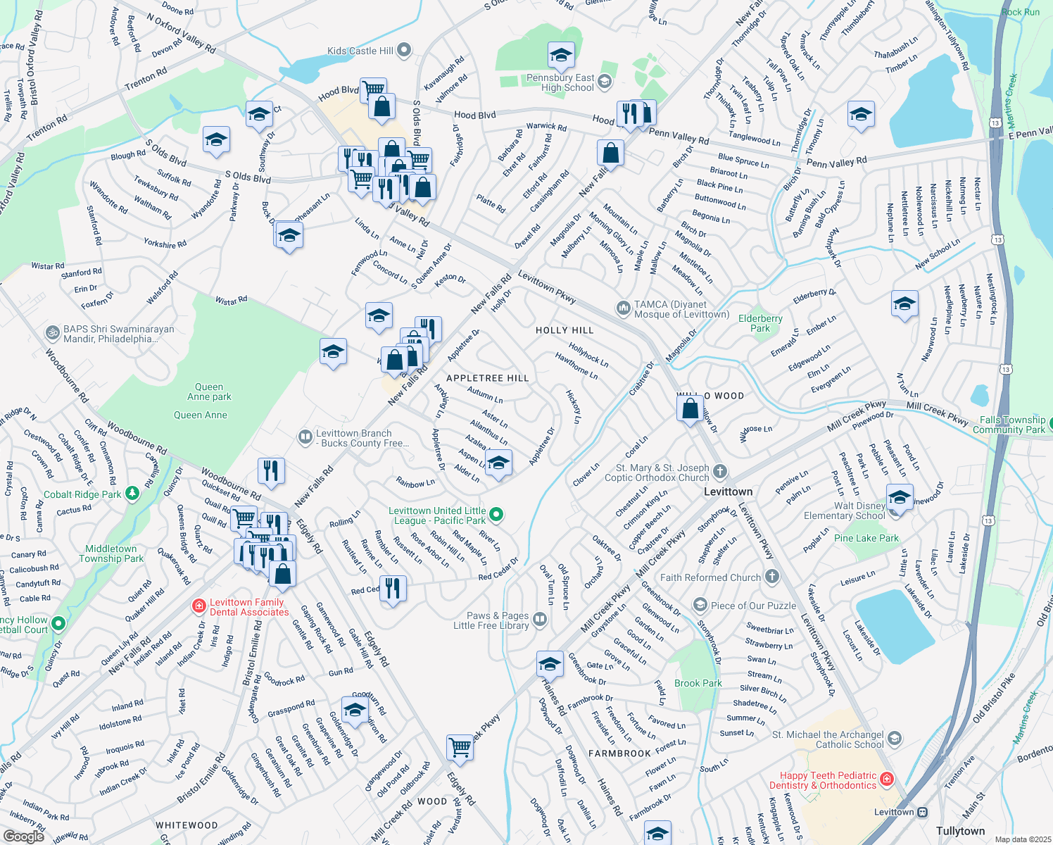 map of restaurants, bars, coffee shops, grocery stores, and more near 25 Arbor Lane in Levittown
