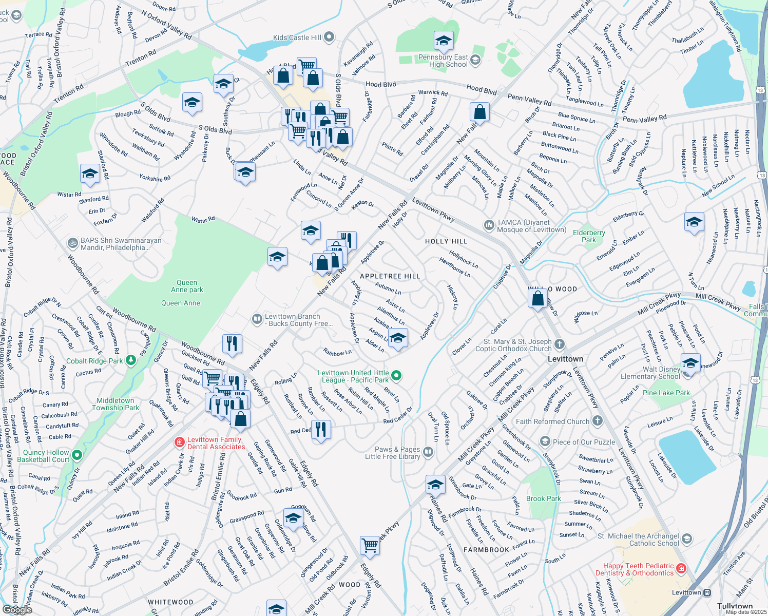 map of restaurants, bars, coffee shops, grocery stores, and more near 54 Ailanthus Lane in Levittown
