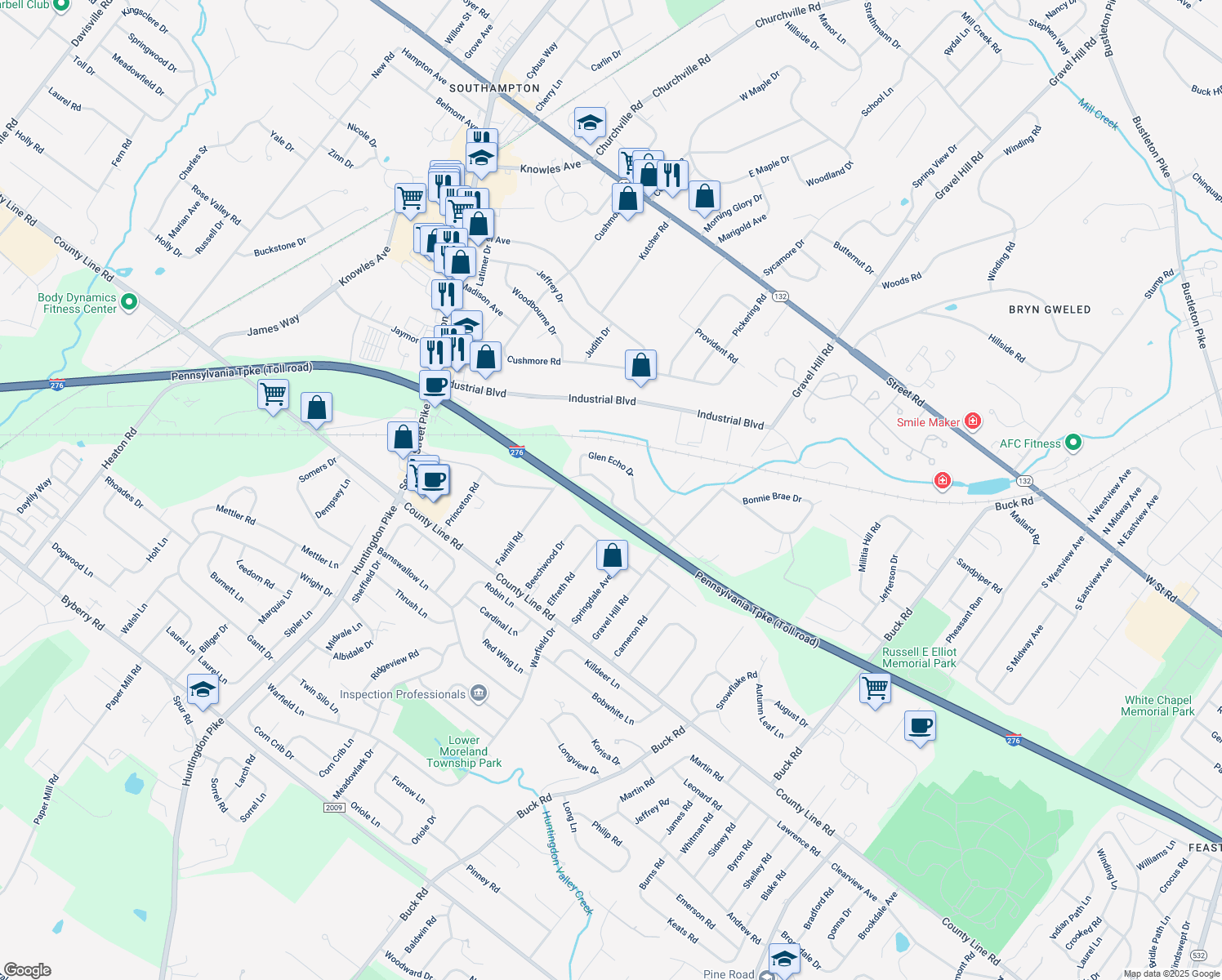map of restaurants, bars, coffee shops, grocery stores, and more near 1388 Glen Echo Drive in Bucks County
