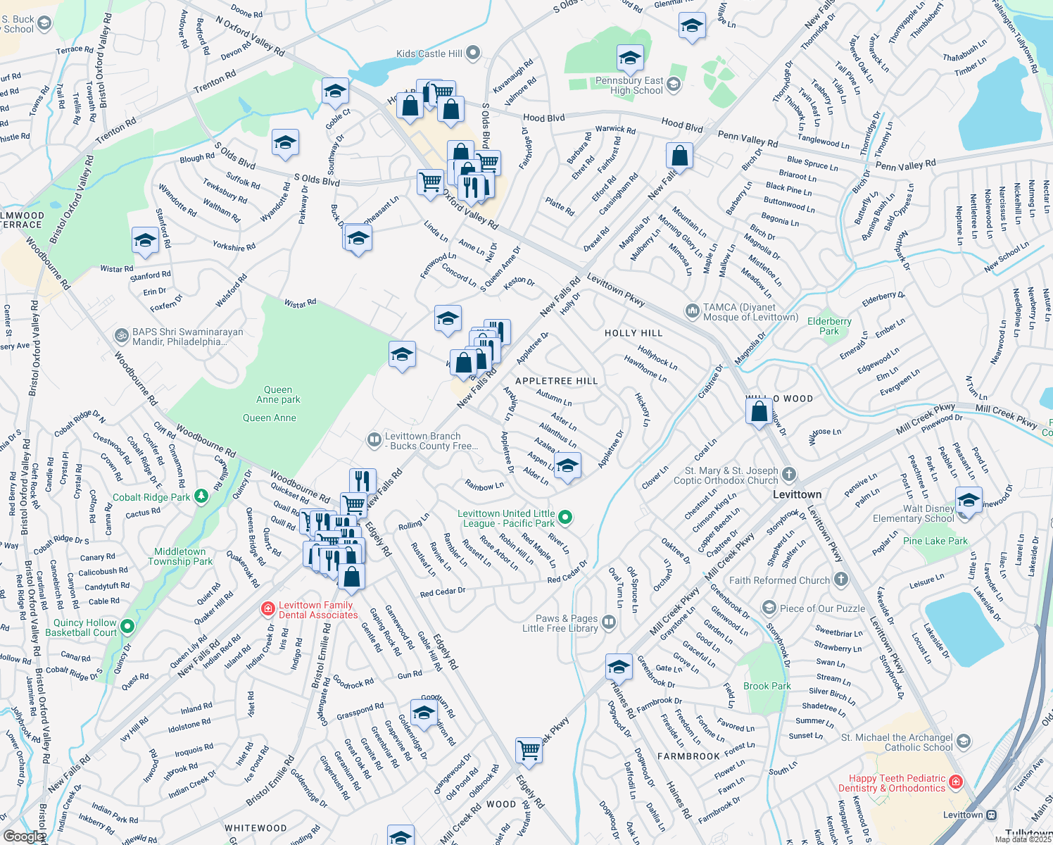 map of restaurants, bars, coffee shops, grocery stores, and more near 71 Ailanthus Lane in Levittown