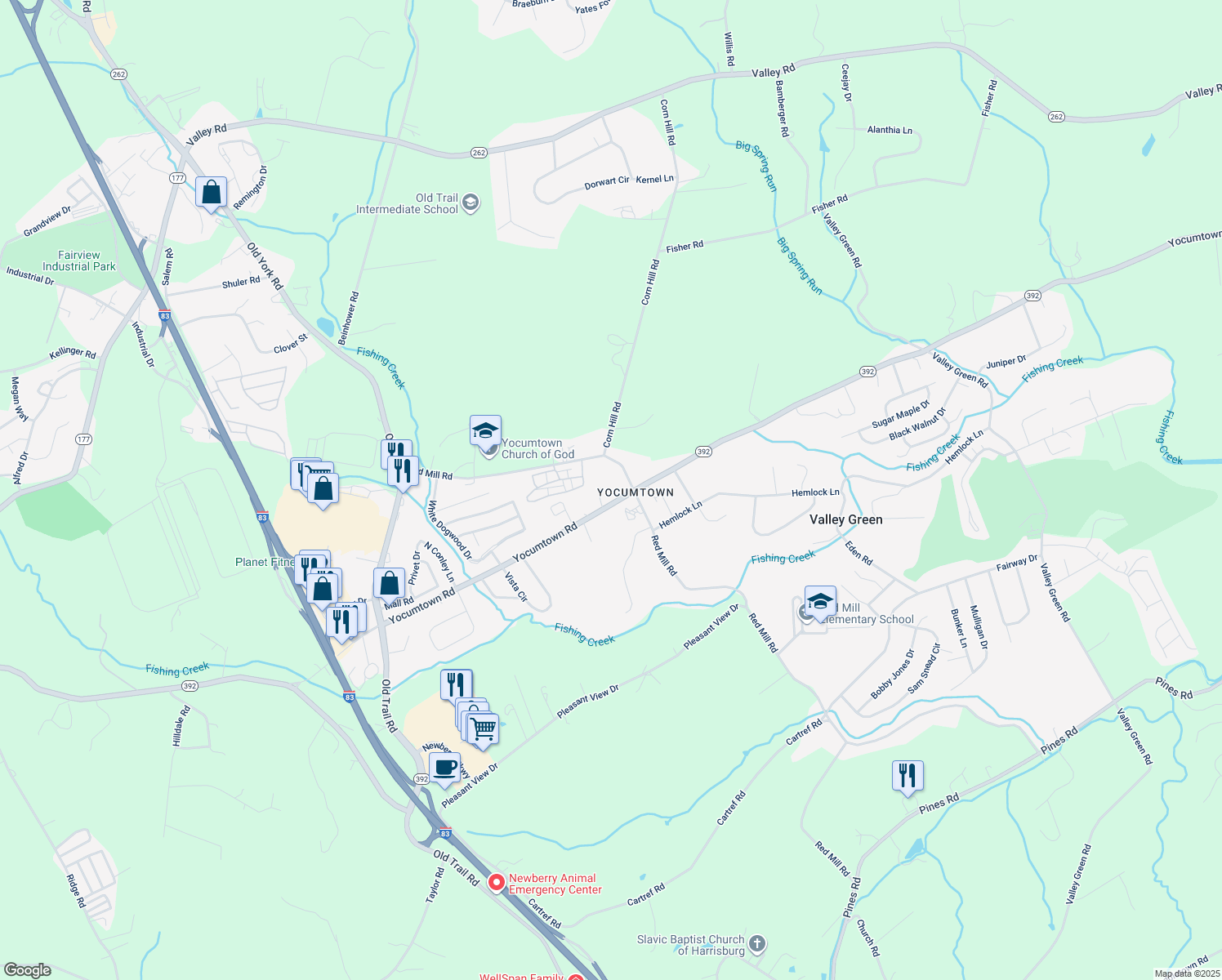 map of restaurants, bars, coffee shops, grocery stores, and more near 1155 Yocumtown Rd in Etters