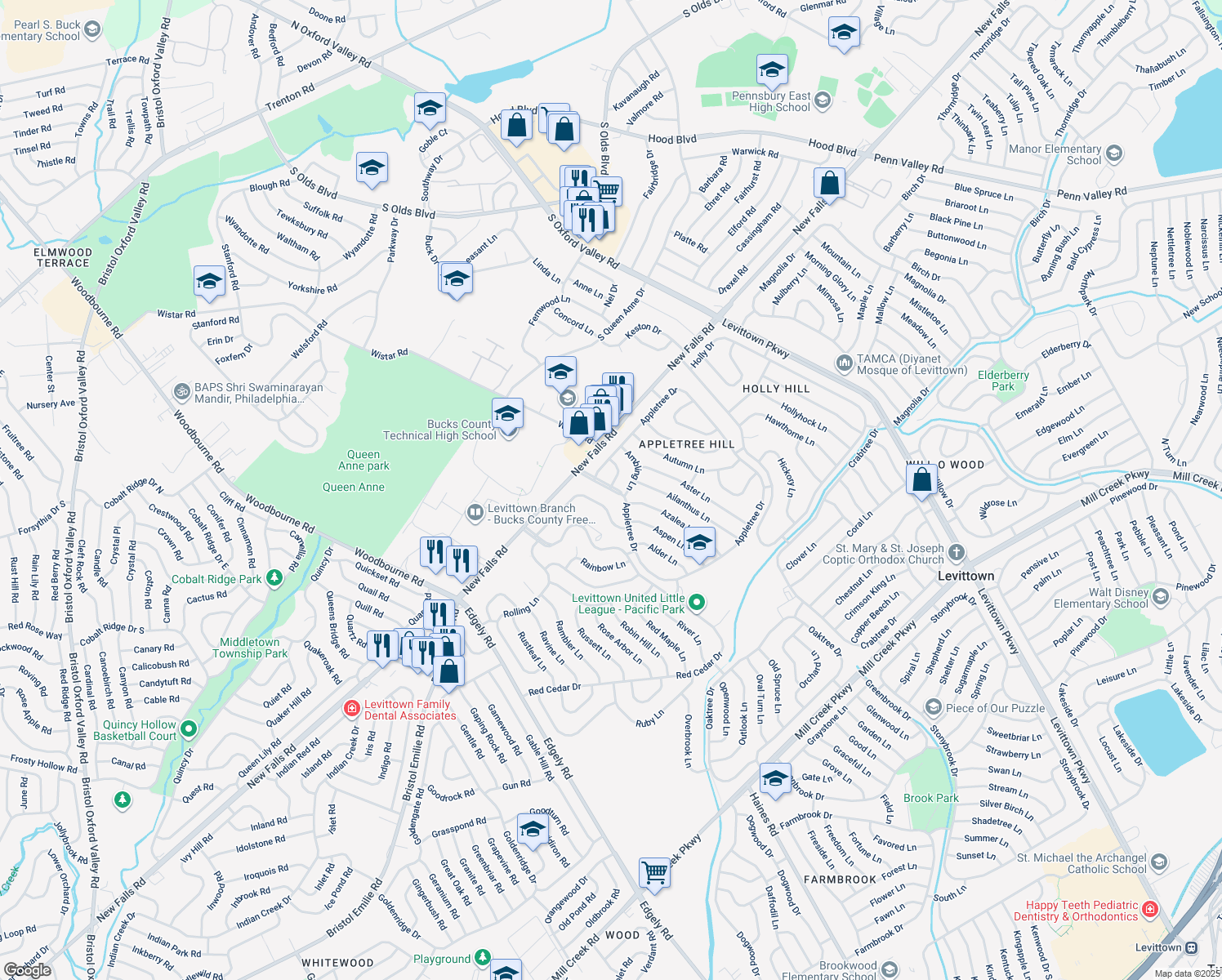 map of restaurants, bars, coffee shops, grocery stores, and more near 14 Appletree Drive in Levittown