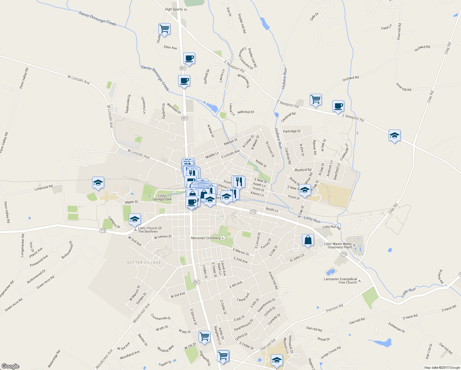 map of restaurants, bars, coffee shops, grocery stores, and more near 158 Front Street in Lititz