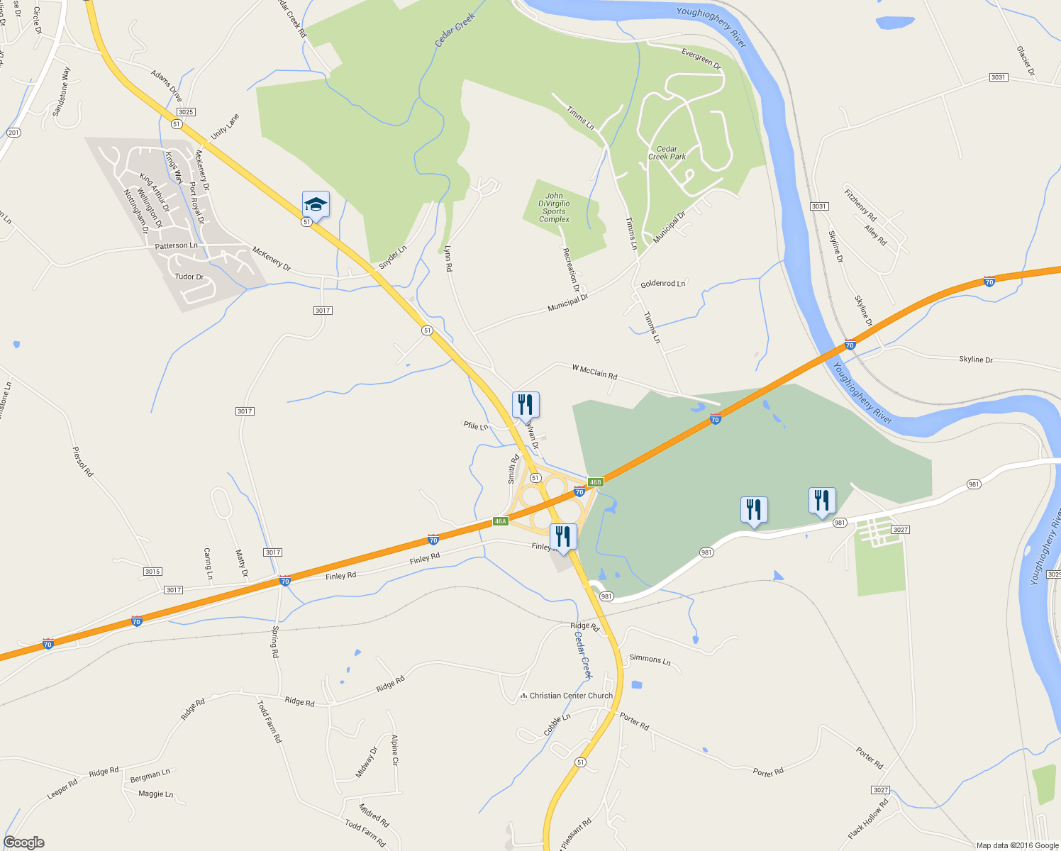 map of restaurants, bars, coffee shops, grocery stores, and more near 219 Sylvan Drive in Belle Vernon
