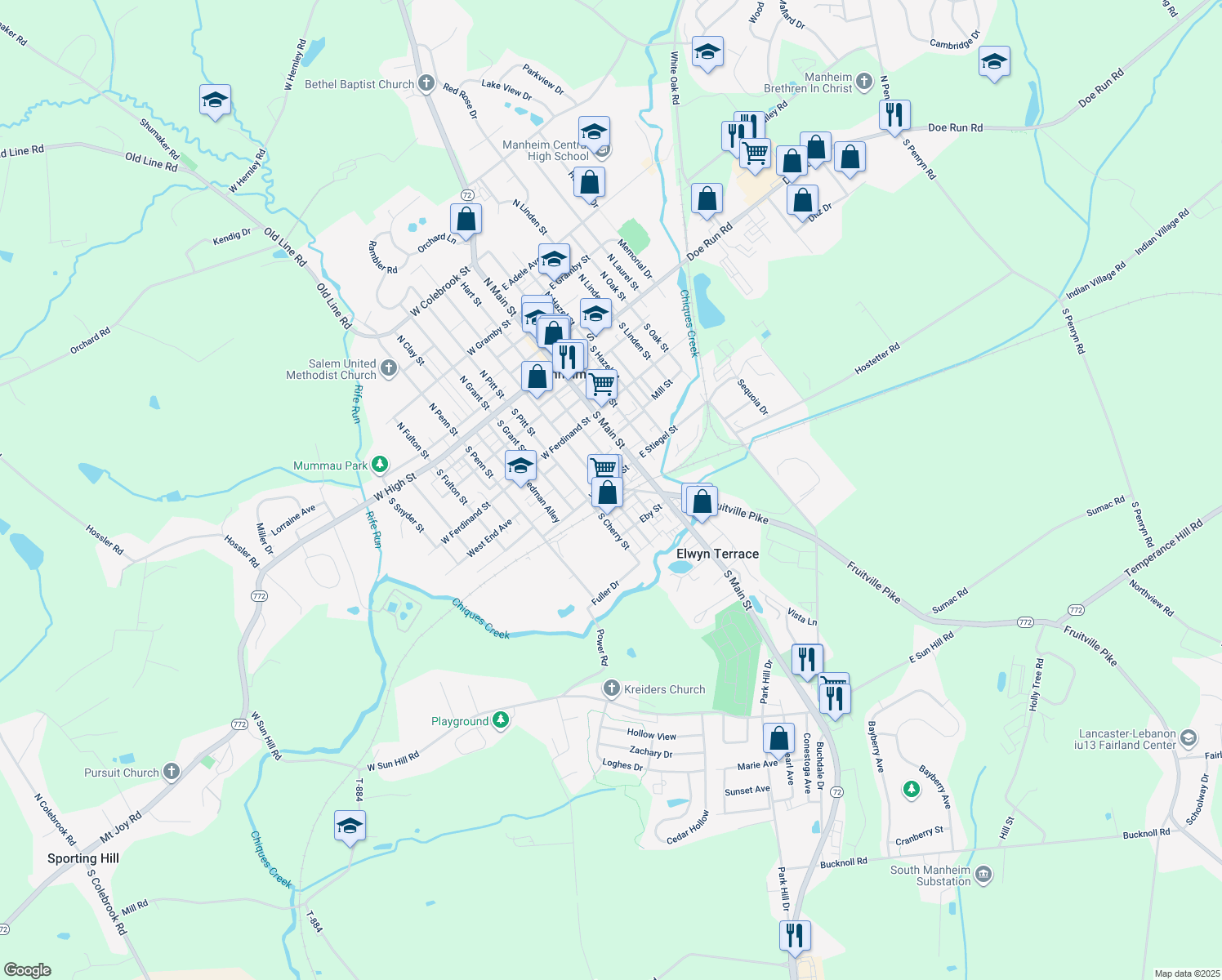 map of restaurants, bars, coffee shops, grocery stores, and more near 205 South Charlotte Street in Manheim