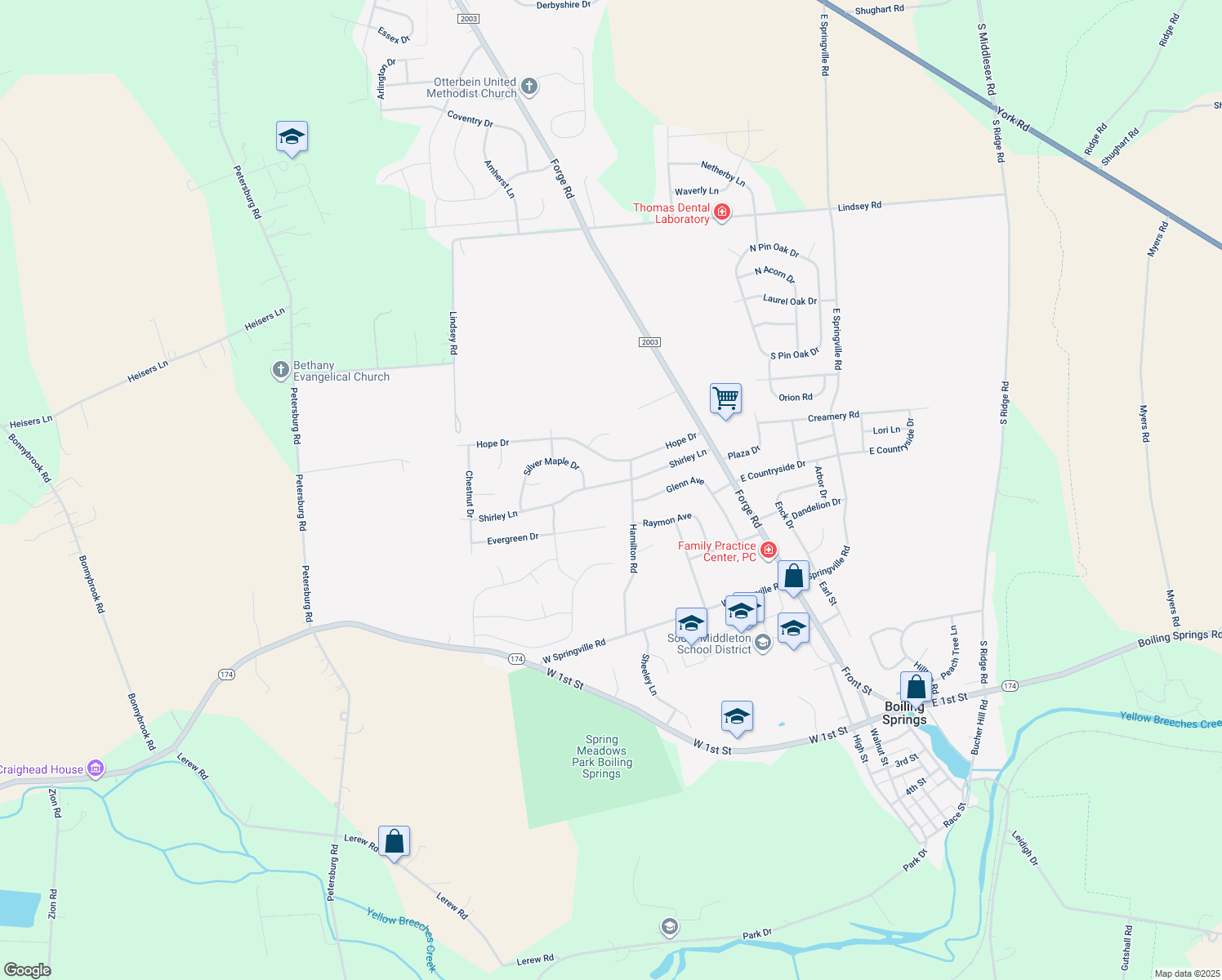 map of restaurants, bars, coffee shops, grocery stores, and more near 105 Shirley Lane in Boiling Springs