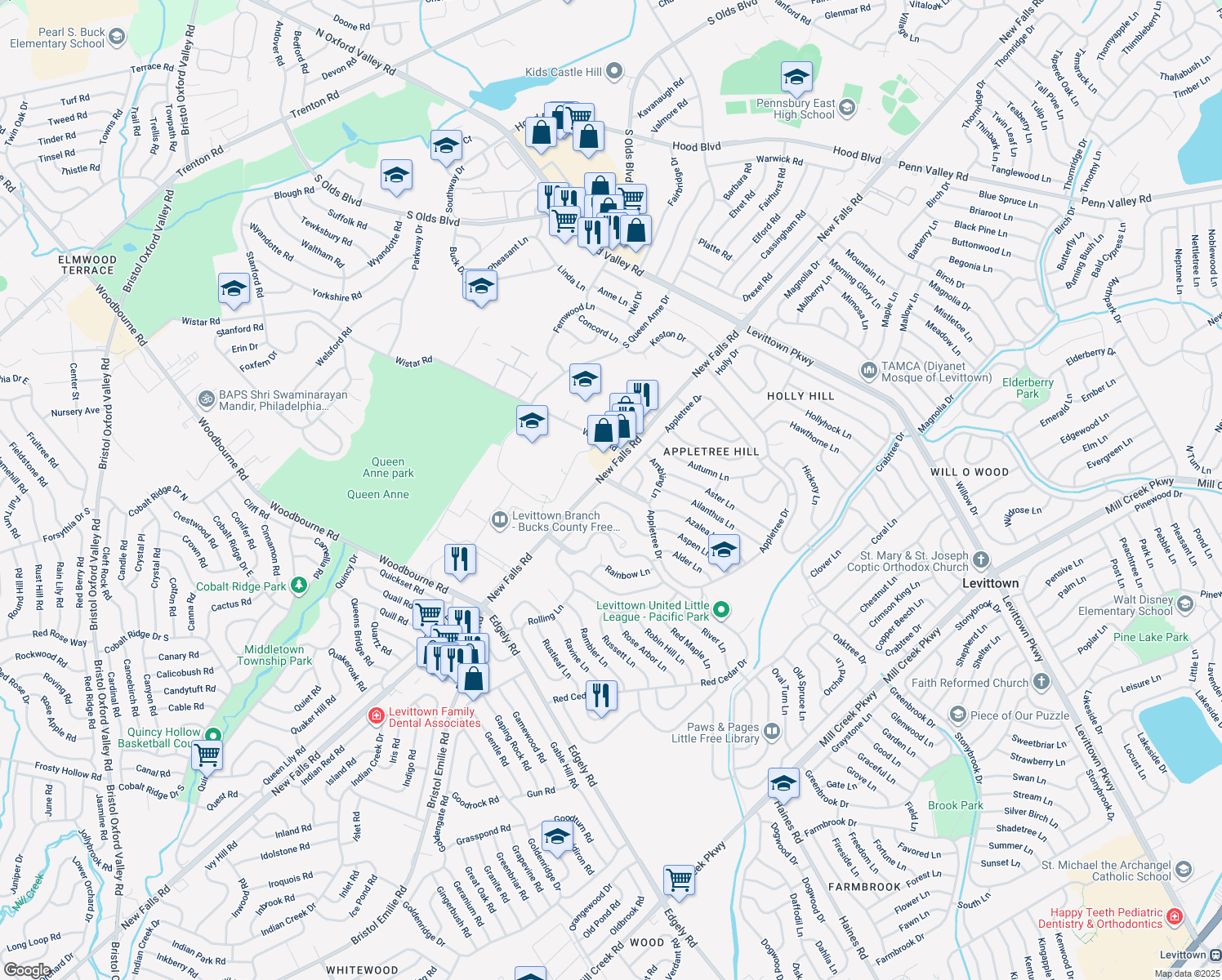 map of restaurants, bars, coffee shops, grocery stores, and more near 6 Appletree Drive in Levittown