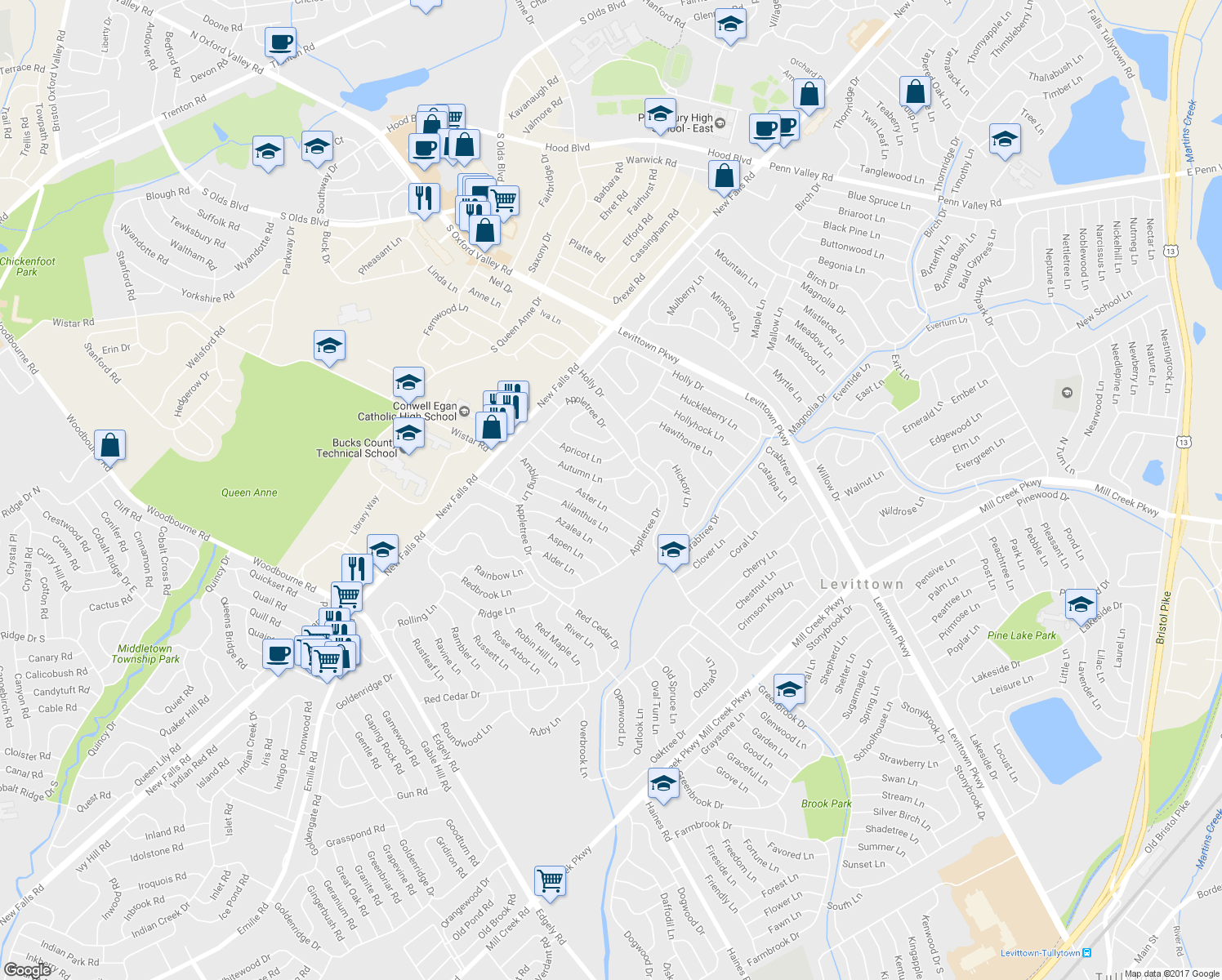 map of restaurants, bars, coffee shops, grocery stores, and more near 39 Arbor Lane in Levittown