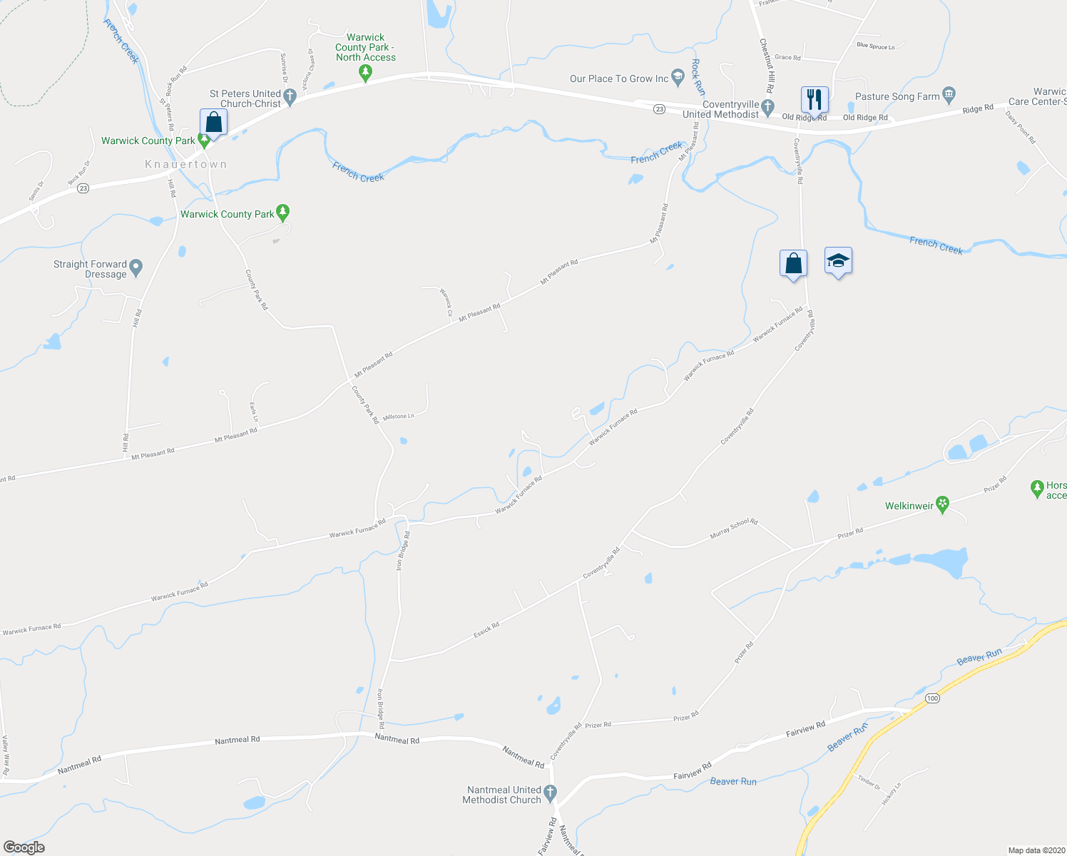map of restaurants, bars, coffee shops, grocery stores, and more near 1315 Warwick Furnace Road in Pottstown