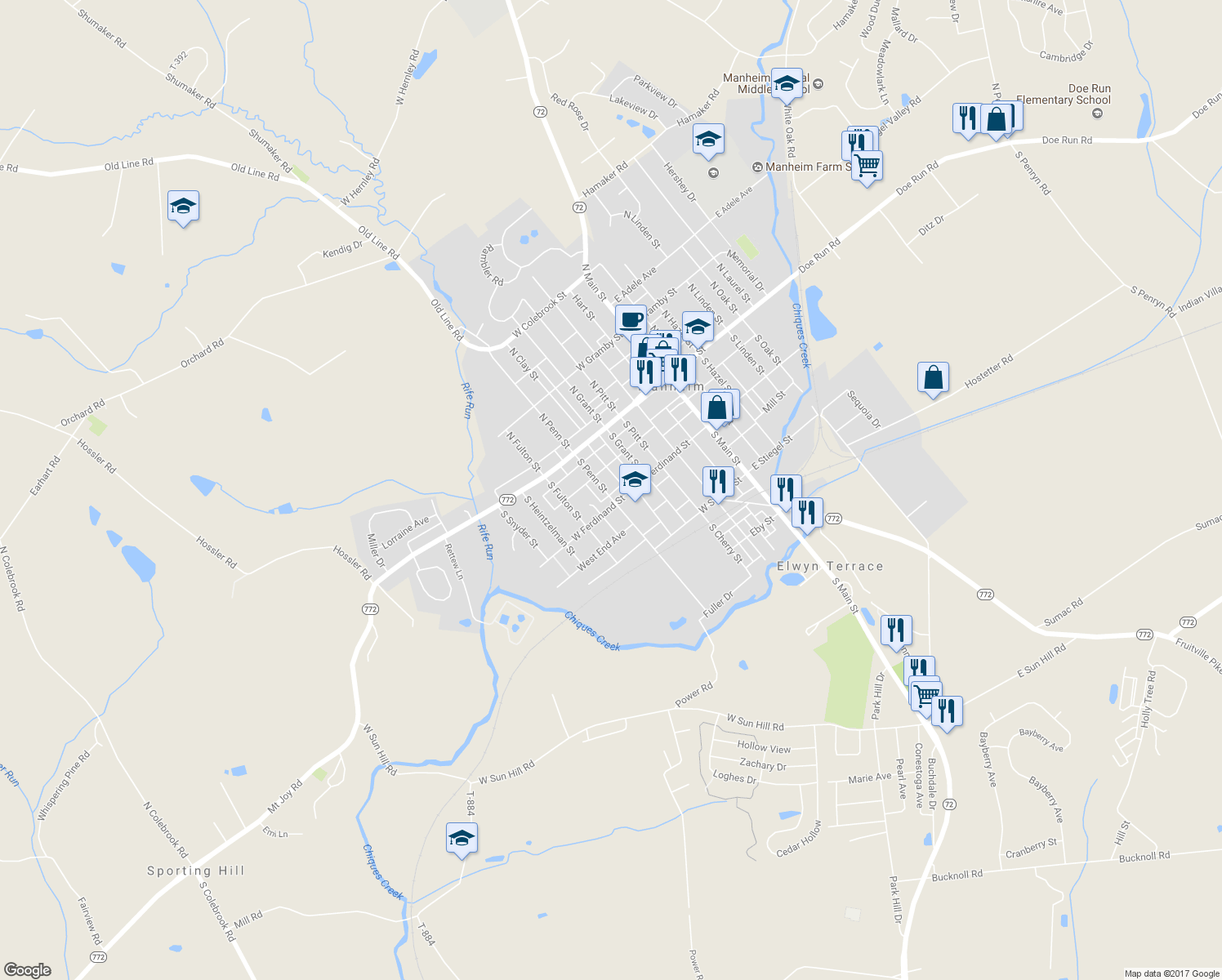 map of restaurants, bars, coffee shops, grocery stores, and more near 71 South Penn Street in Manheim