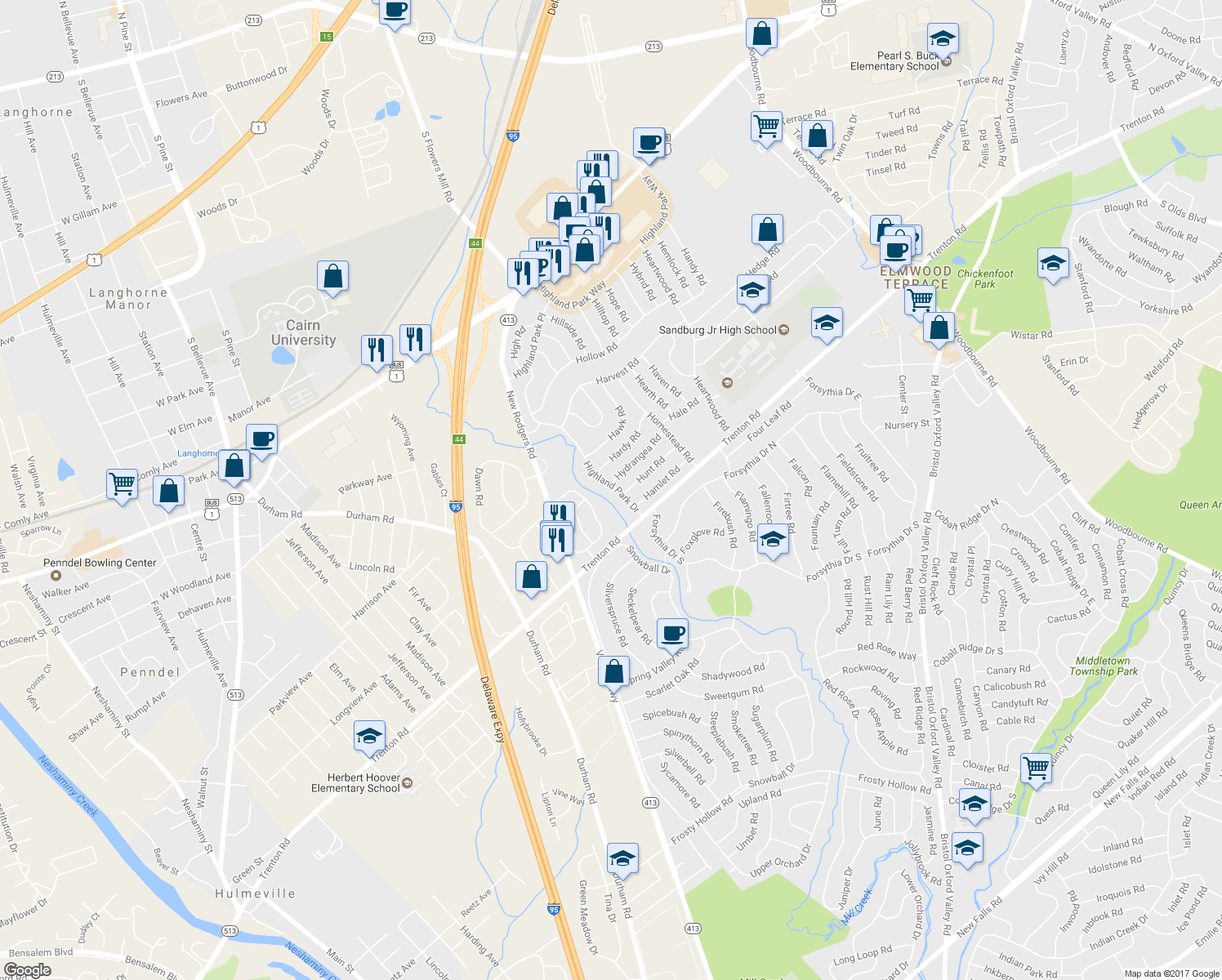 map of restaurants, bars, coffee shops, grocery stores, and more near 27 Highland Park Drive in Levittown