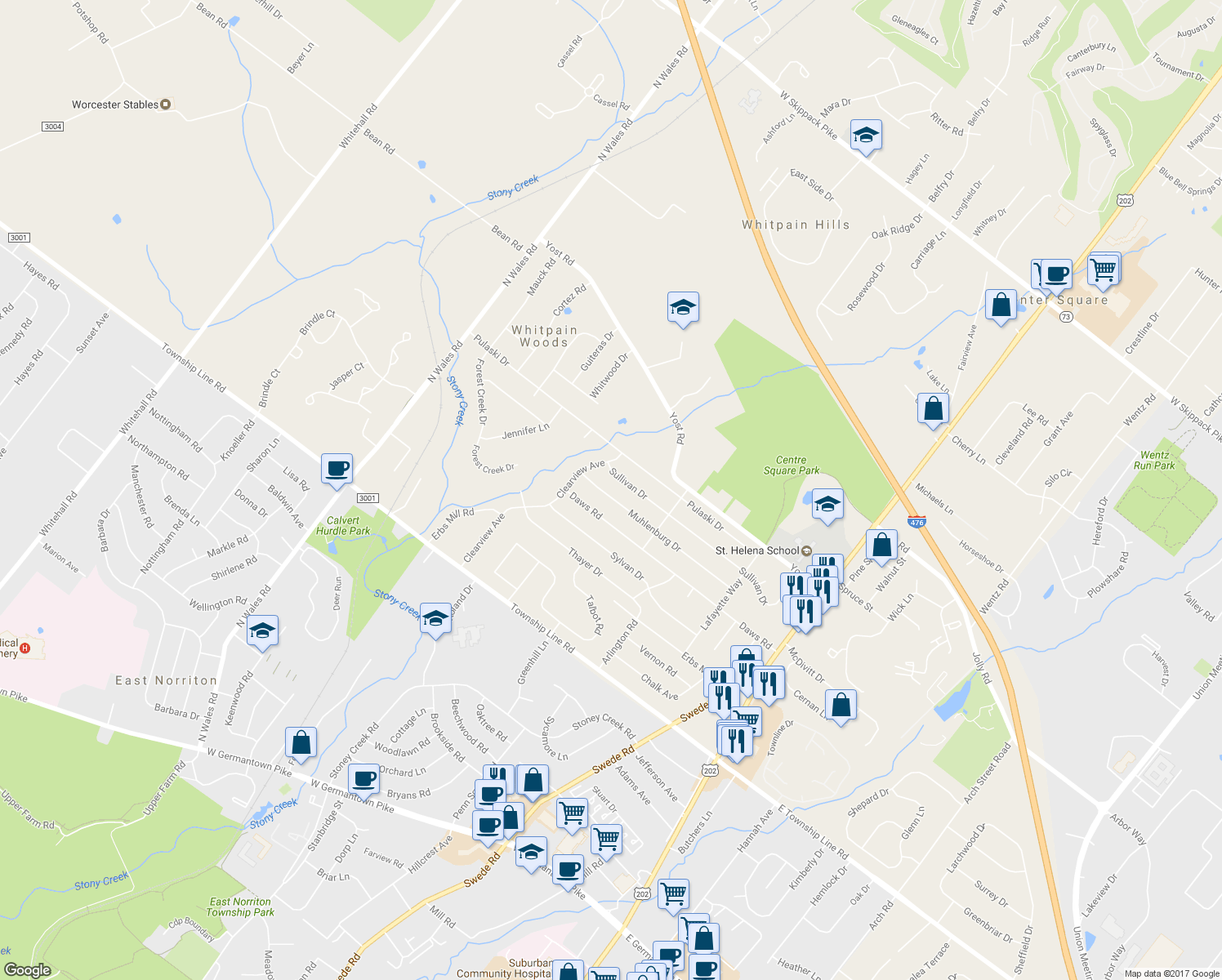 map of restaurants, bars, coffee shops, grocery stores, and more near 1665 Muhlenburg Dr in Blue Bell