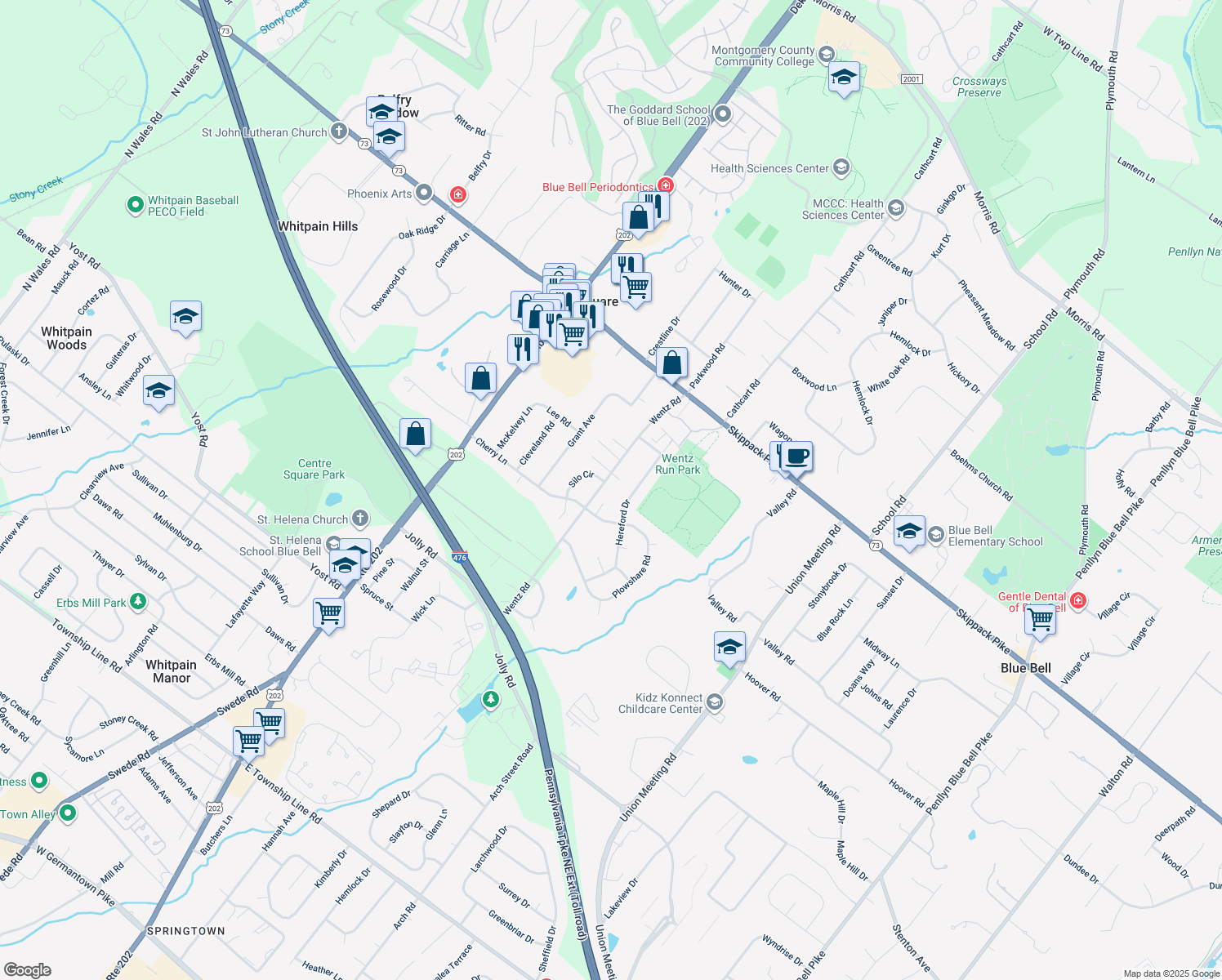 map of restaurants, bars, coffee shops, grocery stores, and more near 1120 Wentz Rd in Blue Bell