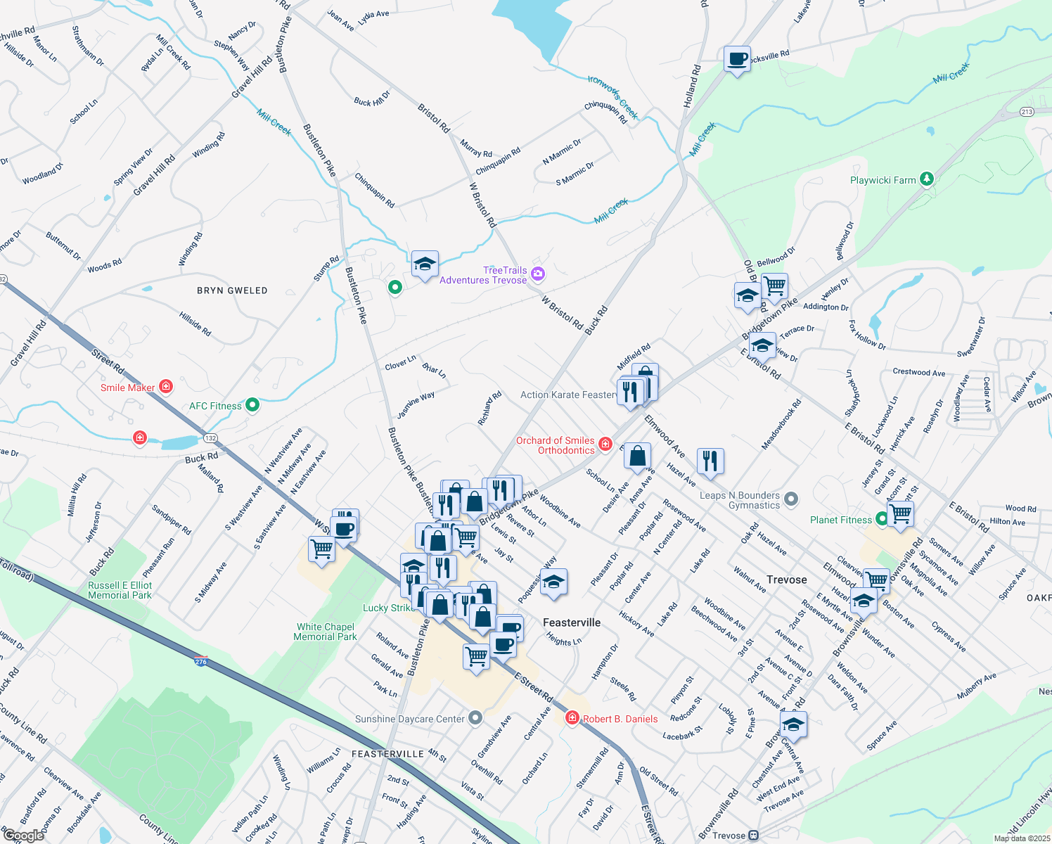 map of restaurants, bars, coffee shops, grocery stores, and more near 1540 Buck Road in Feasterville-Trevose