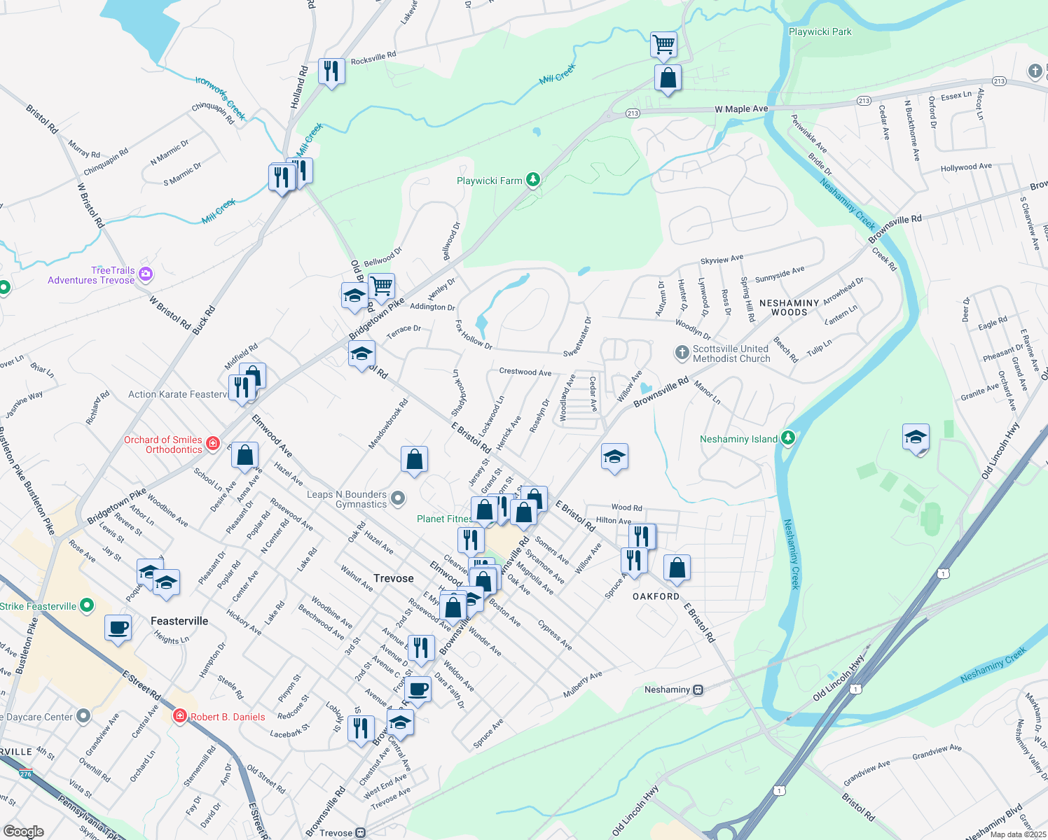 map of restaurants, bars, coffee shops, grocery stores, and more near 2035 Herrick Avenue in Feasterville-Trevose