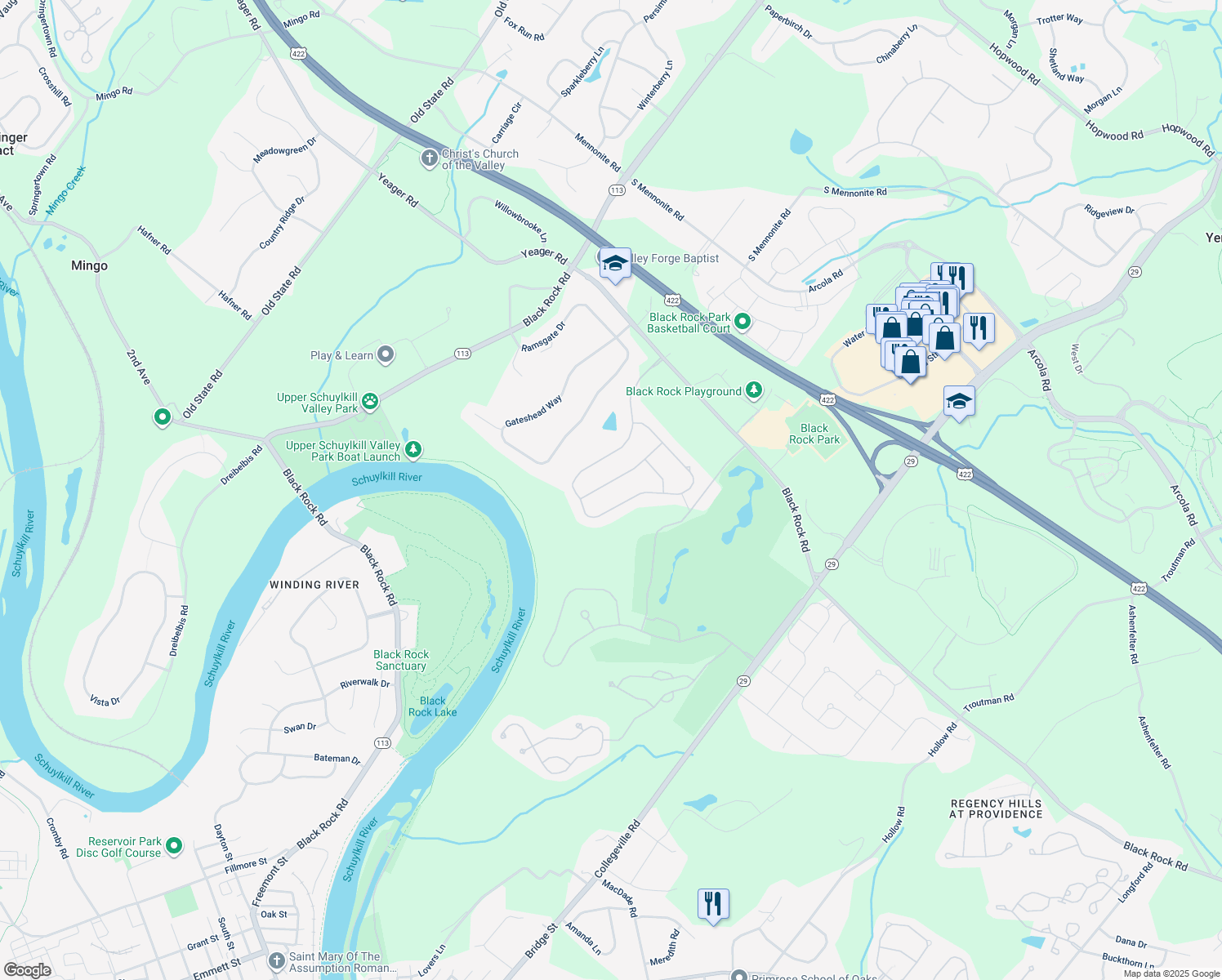map of restaurants, bars, coffee shops, grocery stores, and more near 116 Oriole Ln in Phoenixville