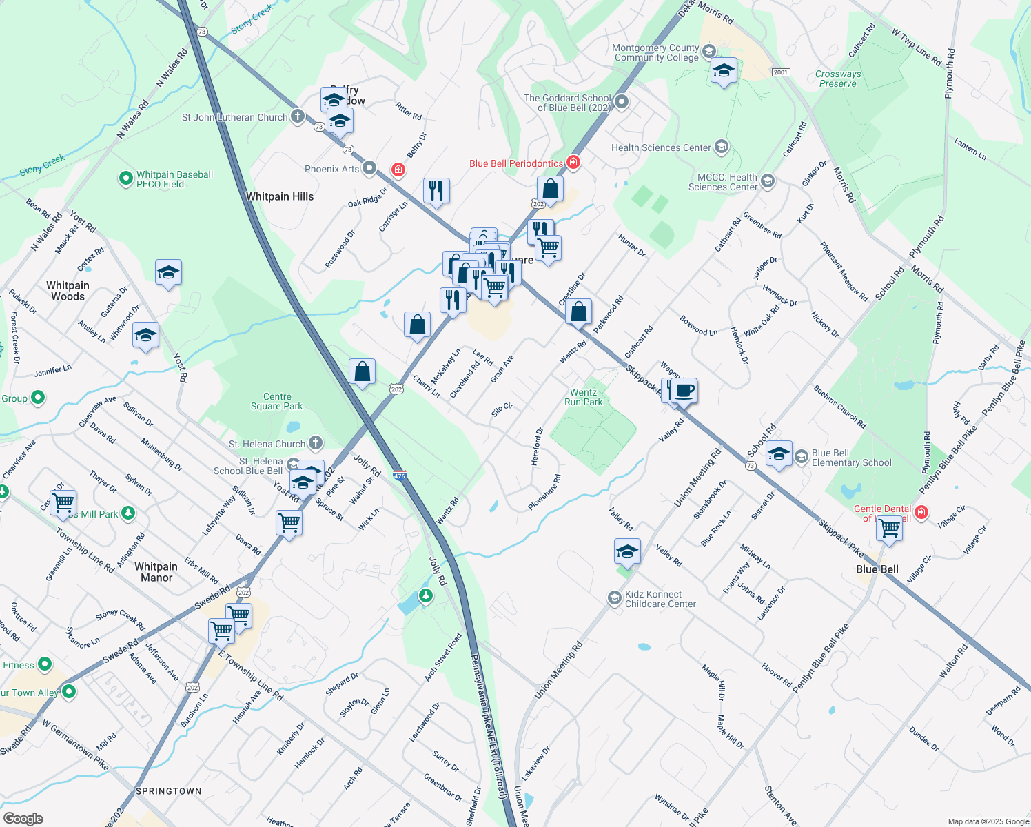 map of restaurants, bars, coffee shops, grocery stores, and more near 1110 Silo Circle in Blue Bell