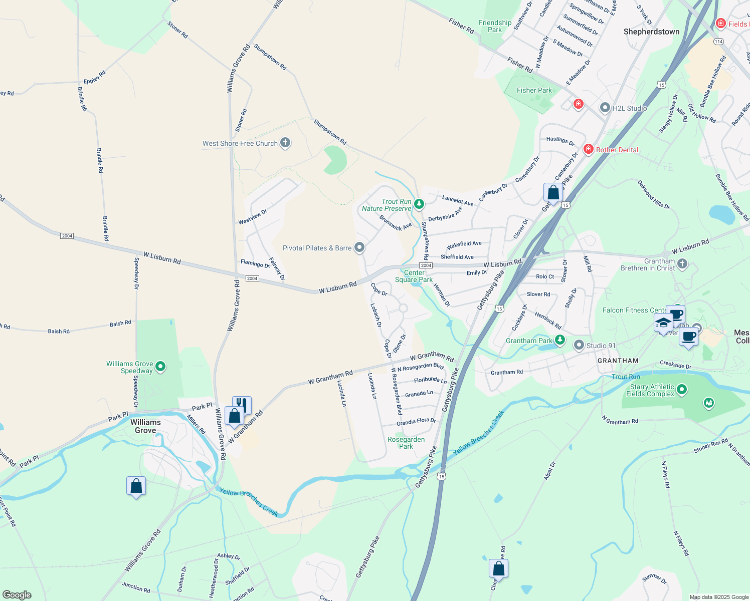 map of restaurants, bars, coffee shops, grocery stores, and more near 2408 Lobach Drive in Mechanicsburg