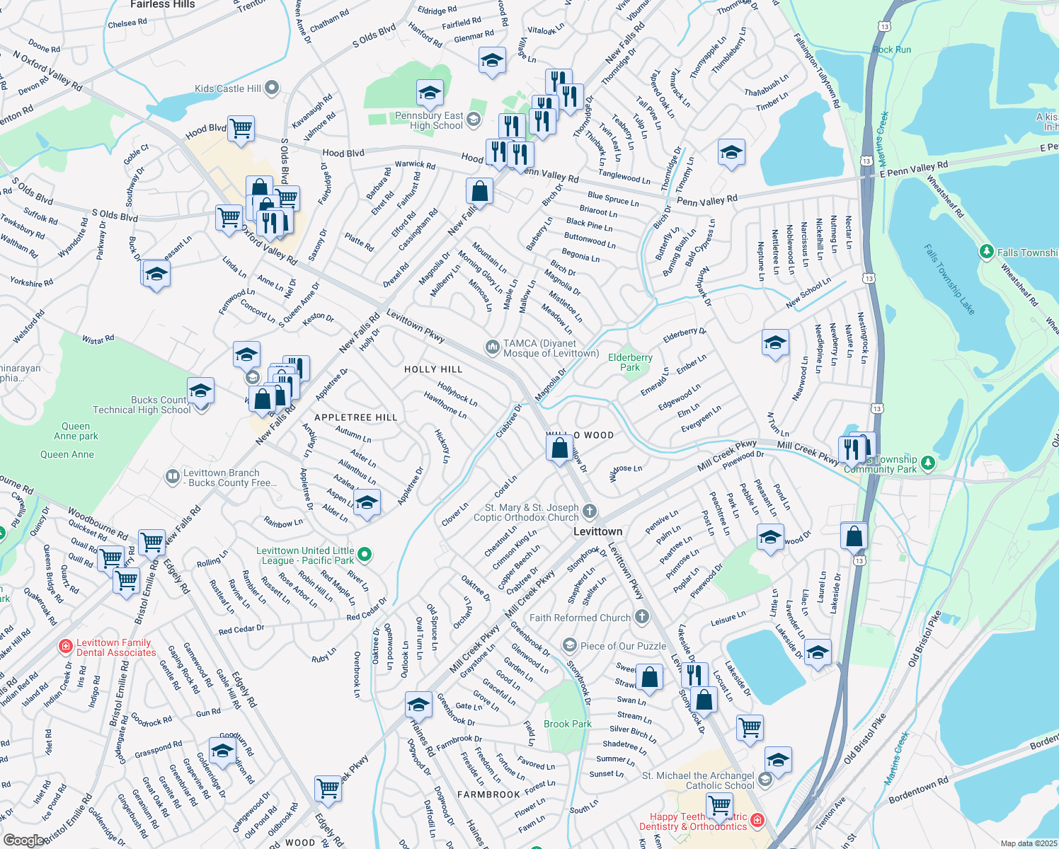 map of restaurants, bars, coffee shops, grocery stores, and more near 23 Crabtree Drive in Levittown