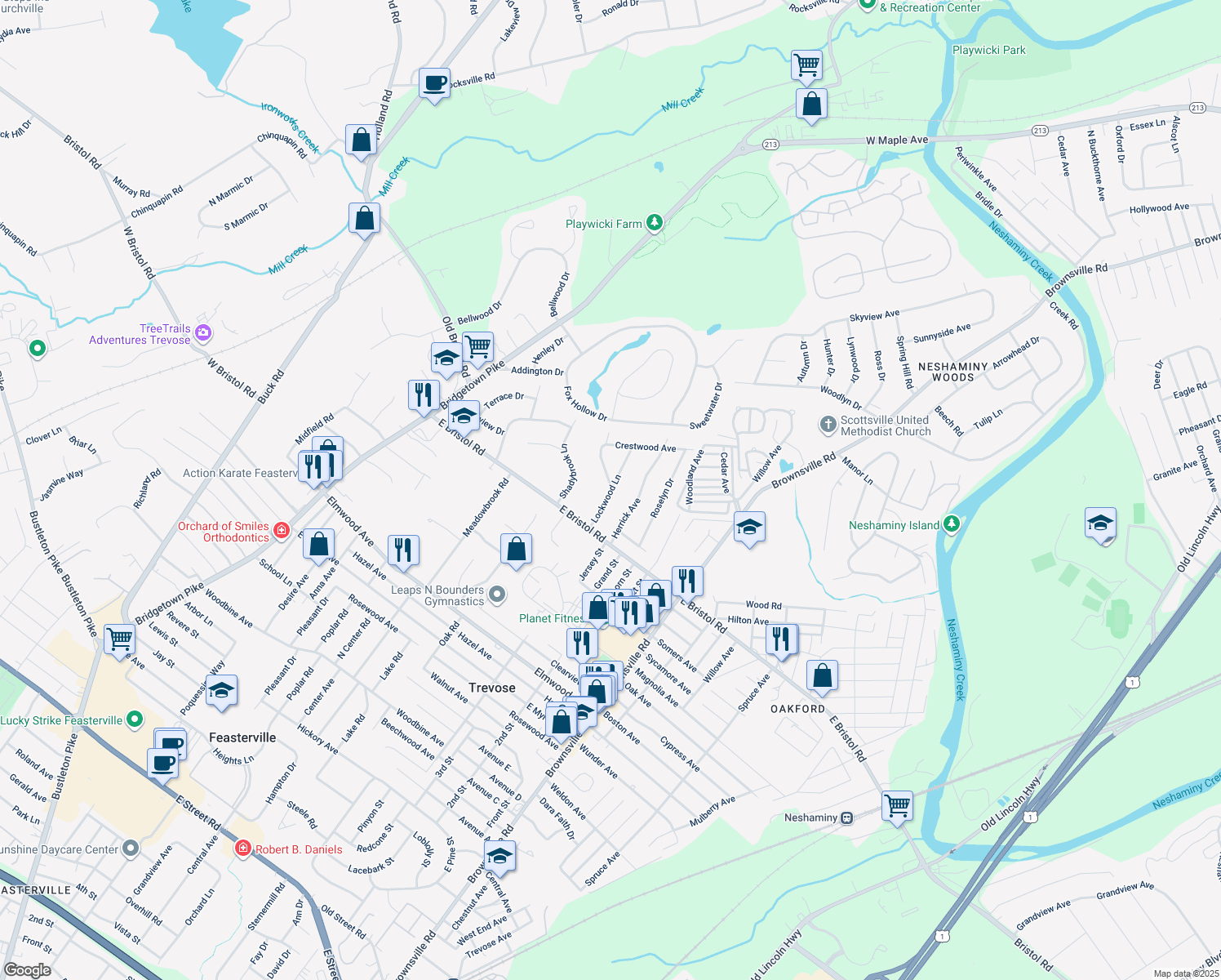 map of restaurants, bars, coffee shops, grocery stores, and more near 2031 Lockwood Lane in Feasterville-Trevose