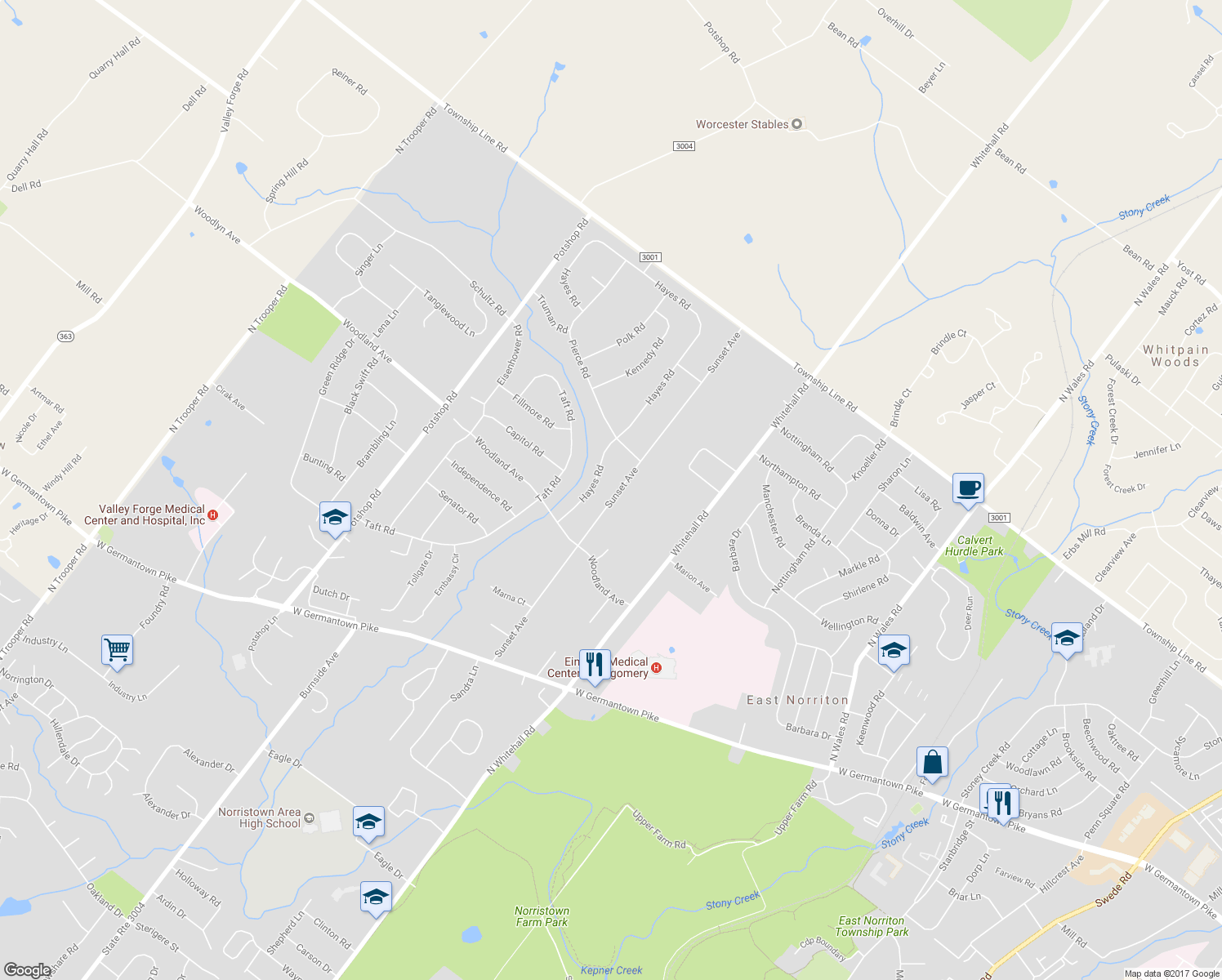 map of restaurants, bars, coffee shops, grocery stores, and more near 3113 Sunset Avenue in Norristown