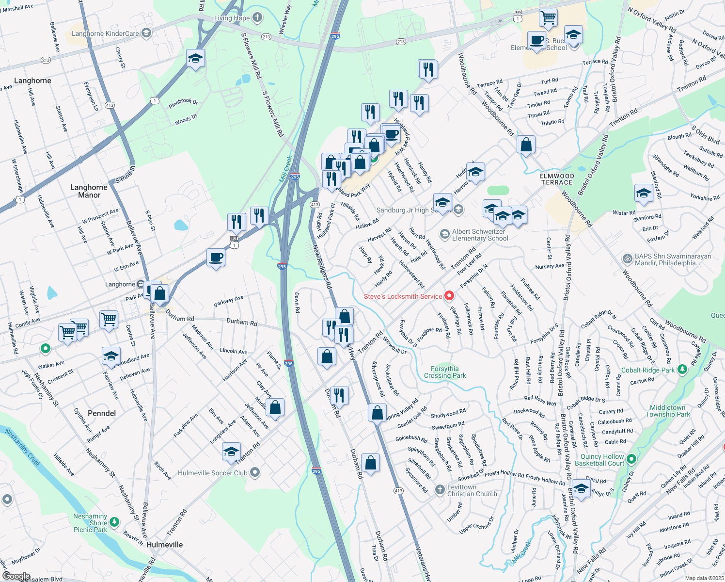 map of restaurants, bars, coffee shops, grocery stores, and more near 53 Highland Park Drive in Levittown