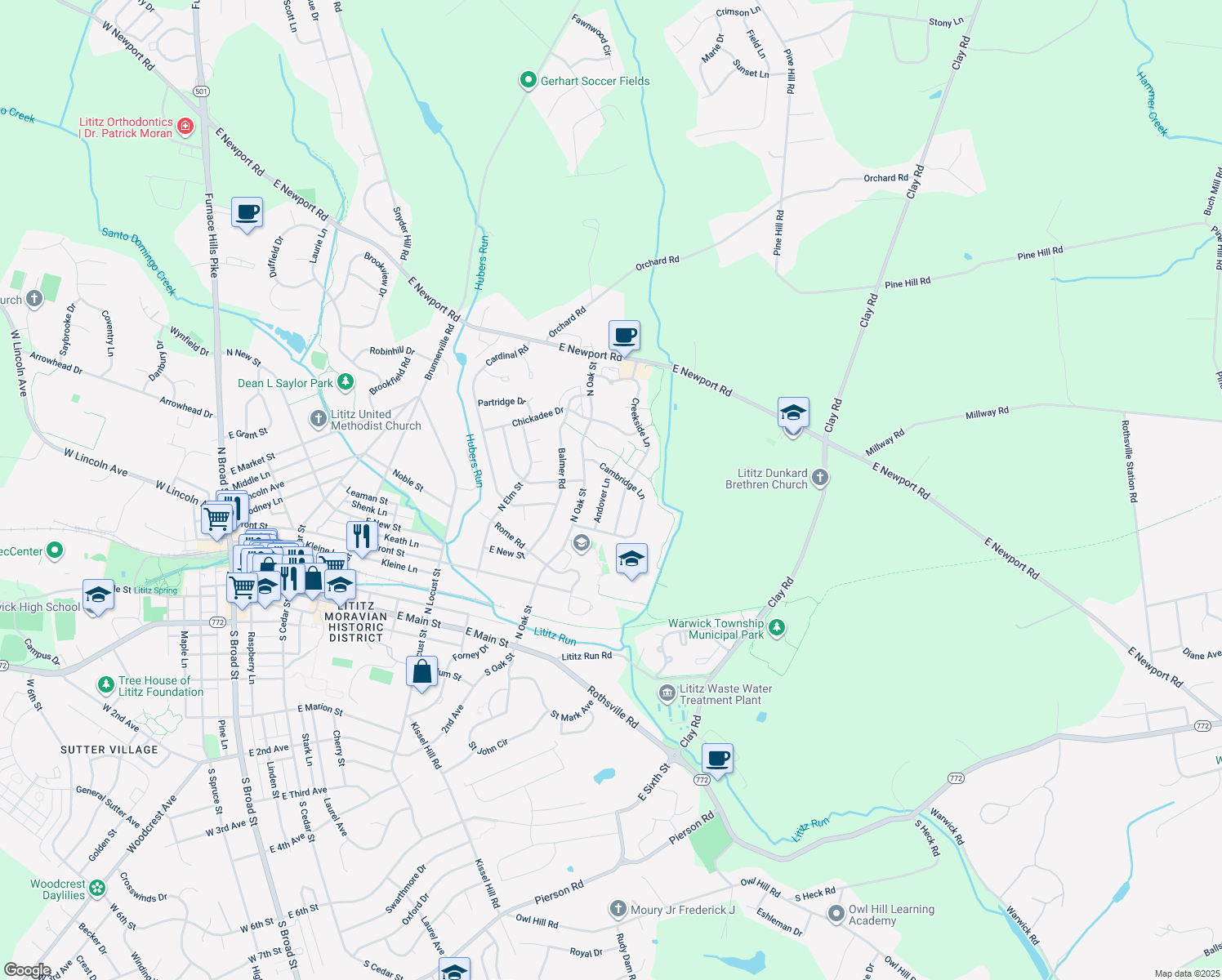 map of restaurants, bars, coffee shops, grocery stores, and more near 233 Andover Lane in Lititz