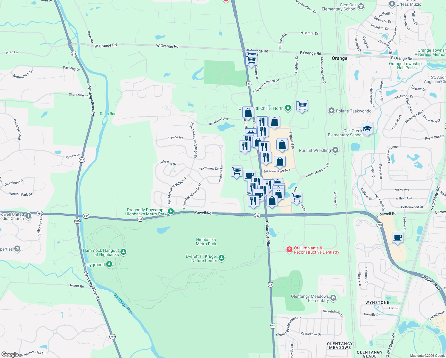map of restaurants, bars, coffee shops, grocery stores, and more near 530 Glenside Lane in Powell