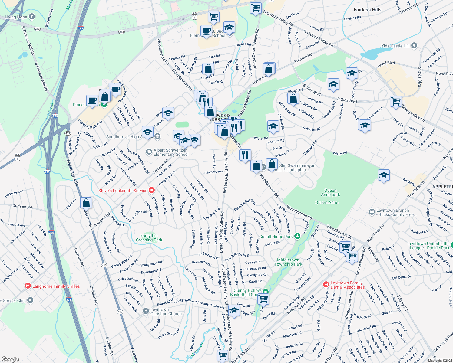 map of restaurants, bars, coffee shops, grocery stores, and more near 1420 Bristol Oxford Valley Road in Levittown