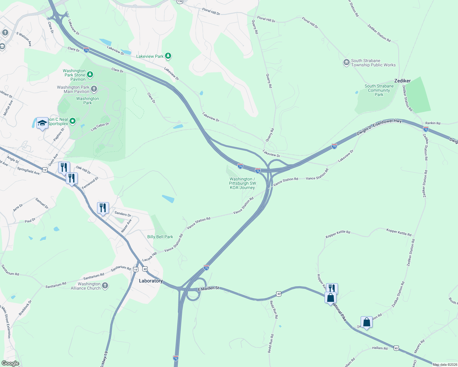 map of restaurants, bars, coffee shops, grocery stores, and more near KOA Rd in Washington