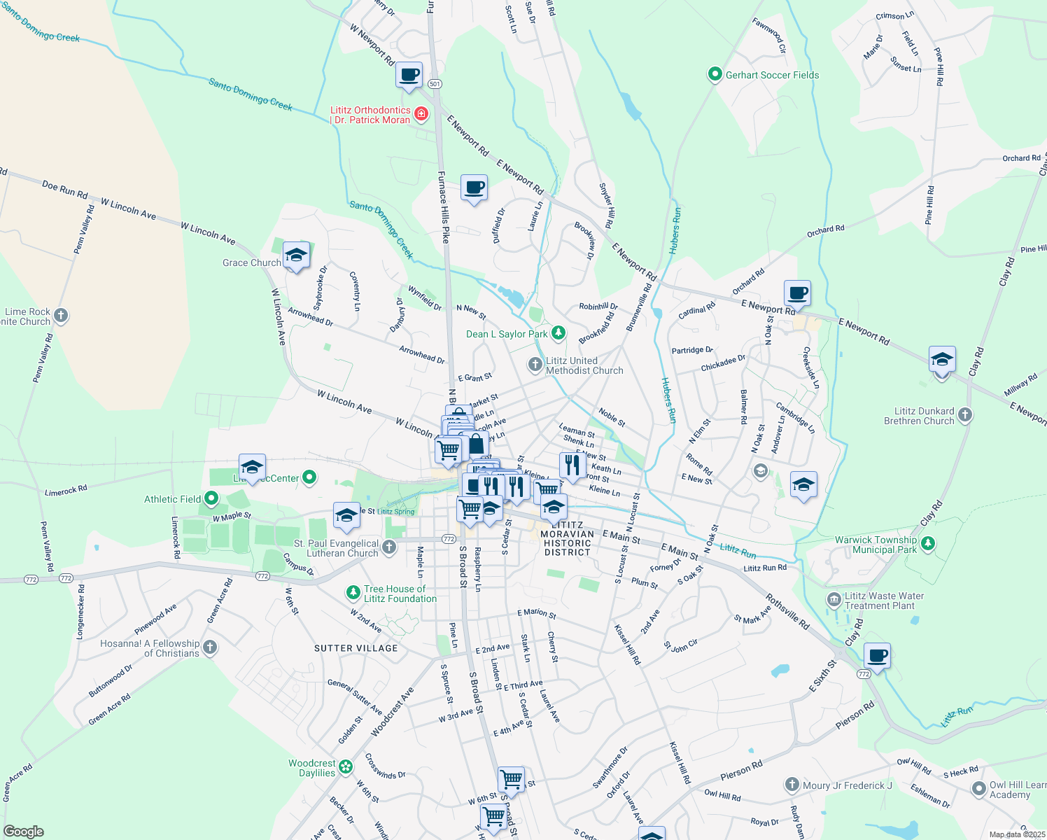 map of restaurants, bars, coffee shops, grocery stores, and more near 134 E Lincoln Ave in Lititz