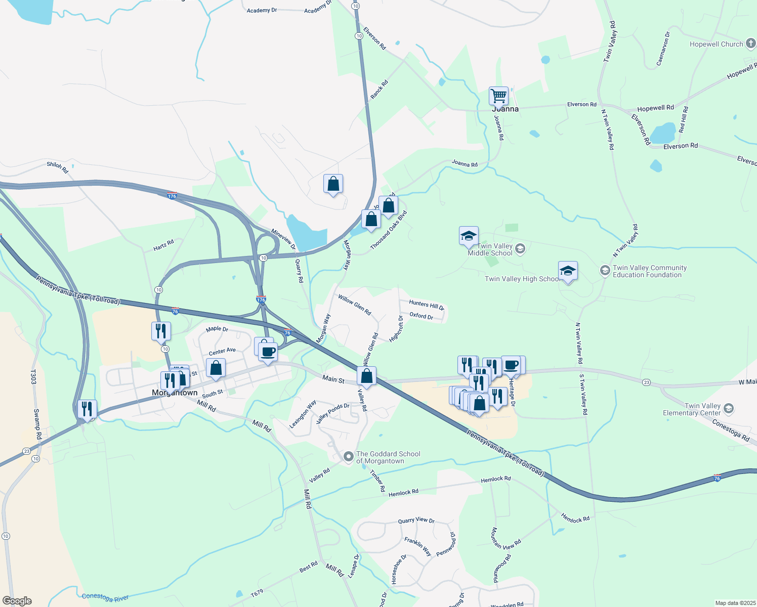 map of restaurants, bars, coffee shops, grocery stores, and more near 400 Willow Glen Road in Morgantown