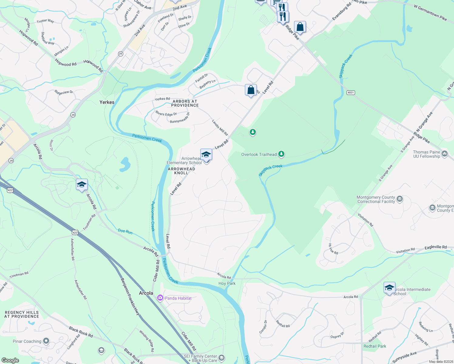 map of restaurants, bars, coffee shops, grocery stores, and more near 524 Winthrop Road in Collegeville