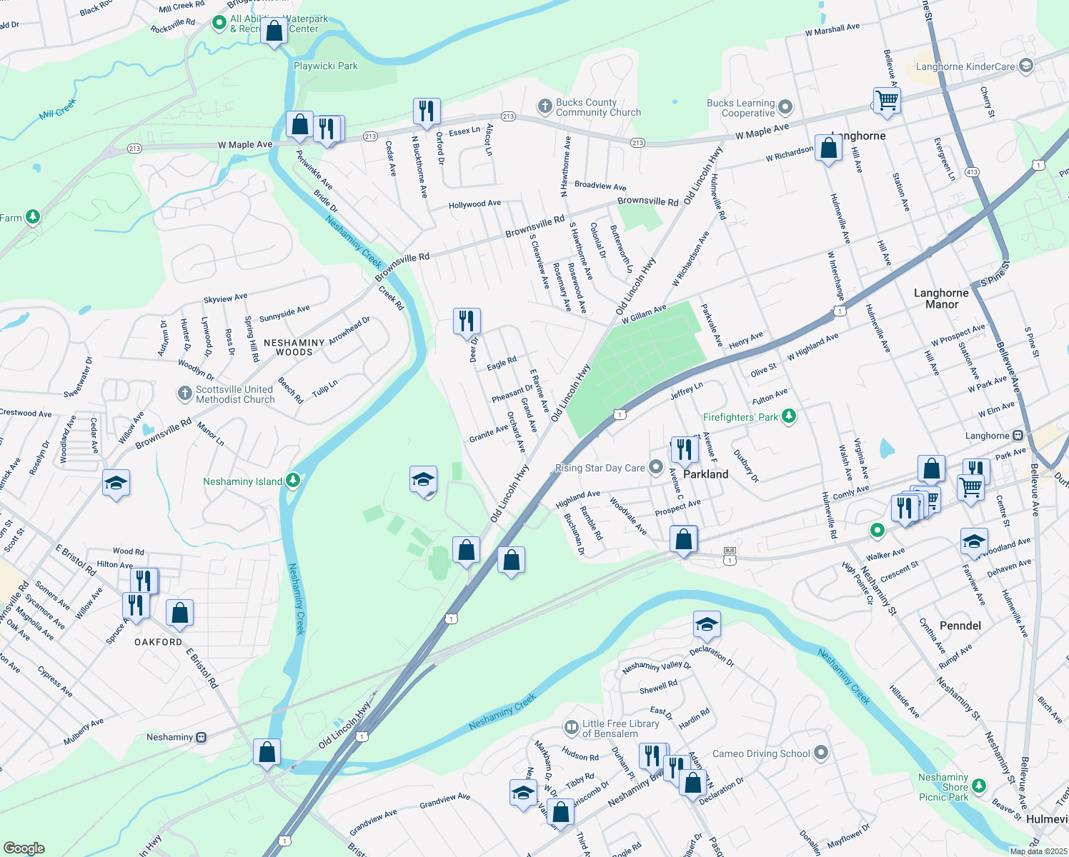map of restaurants, bars, coffee shops, grocery stores, and more near 629 Grand Avenue in Langhorne