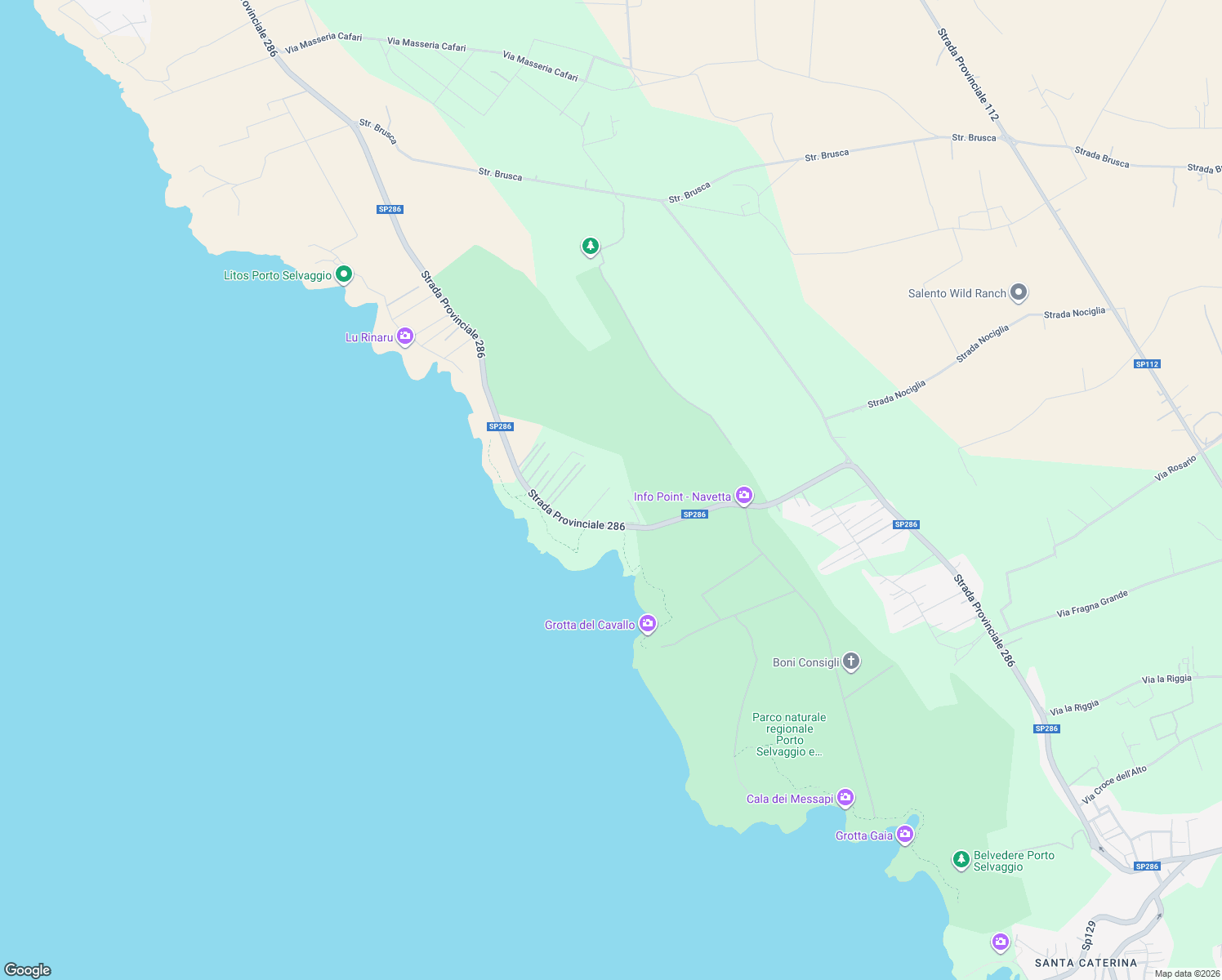 map of restaurants, bars, coffee shops, grocery stores, and more near 102 Strada Provinciale 286 in Provincia di Lecce