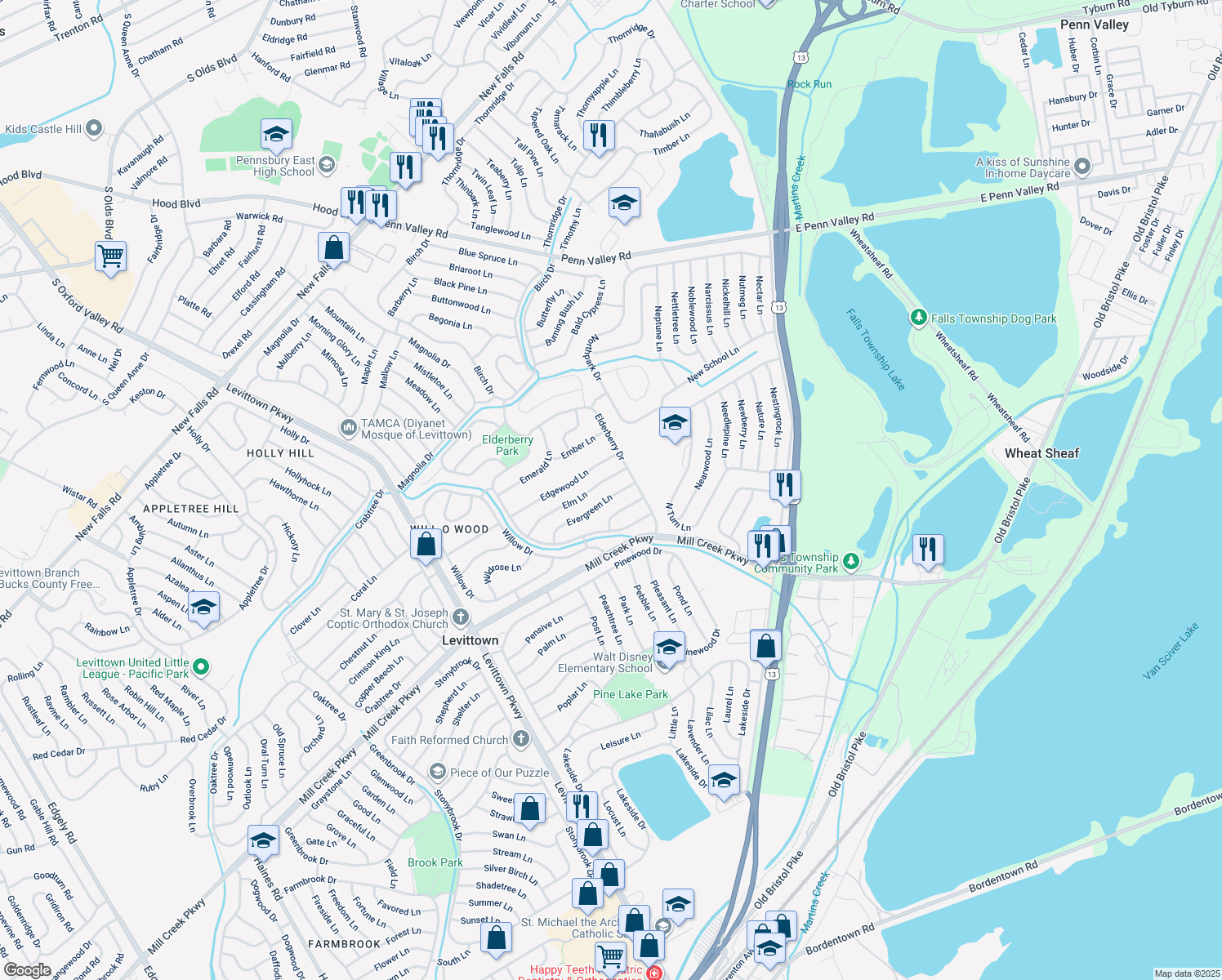 map of restaurants, bars, coffee shops, grocery stores, and more near 57 Evergreen Lane in Levittown