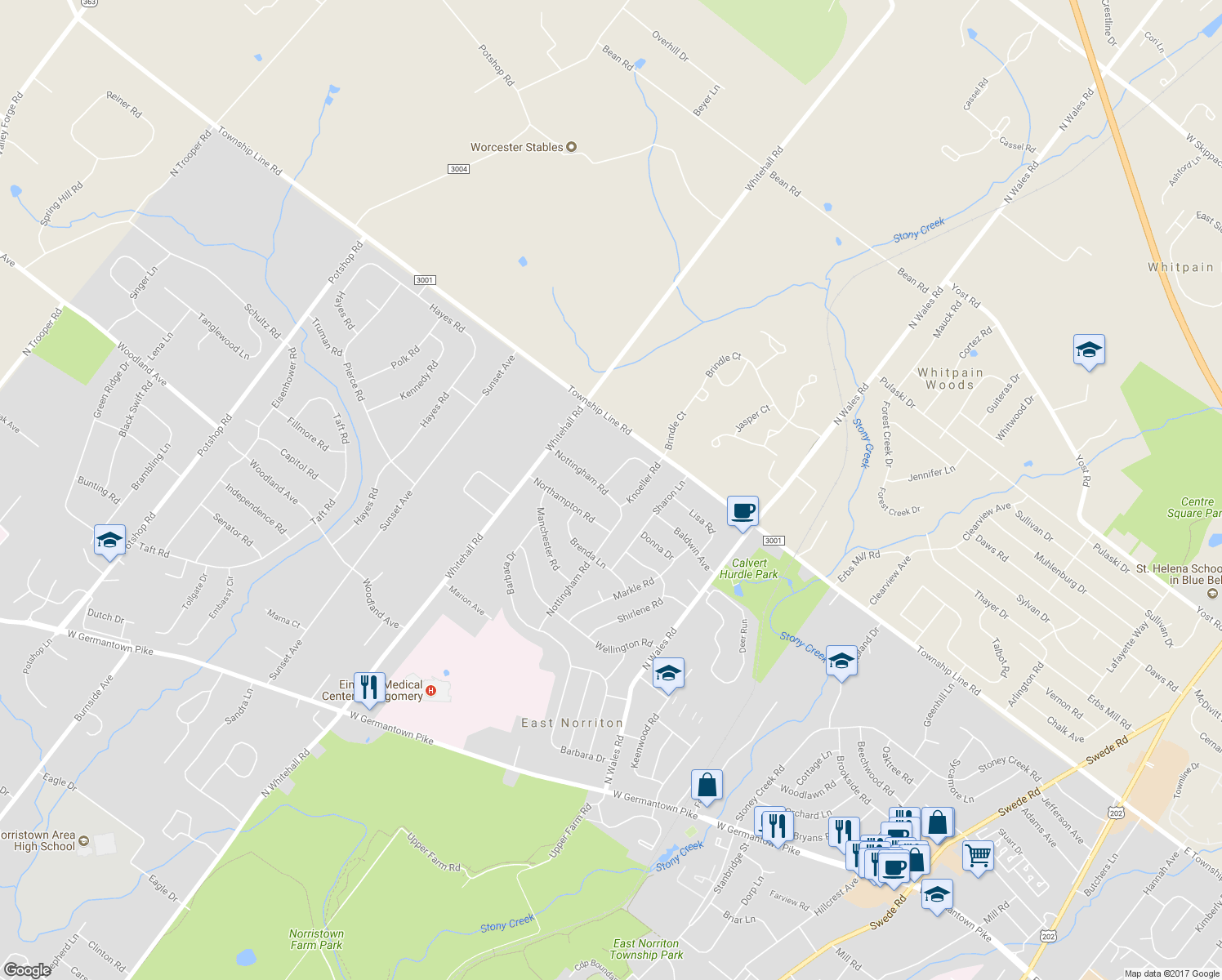 map of restaurants, bars, coffee shops, grocery stores, and more near 3208 Nottingham Road in Eagleville