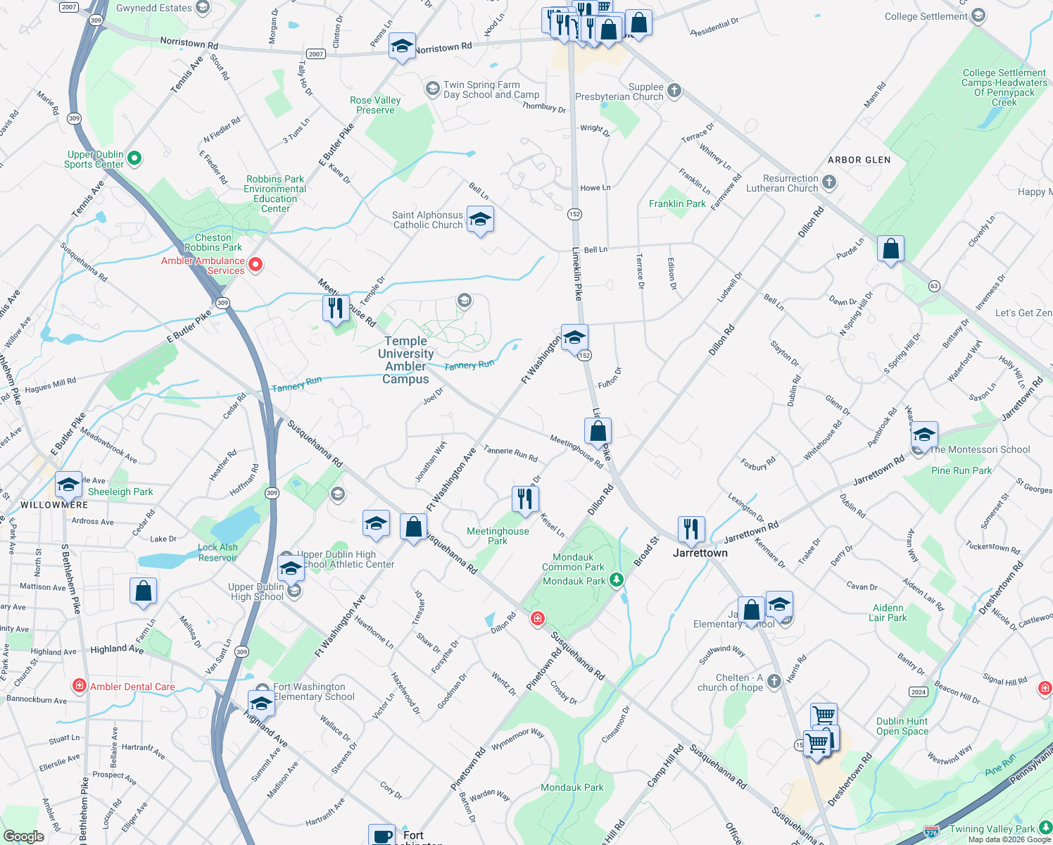 map of restaurants, bars, coffee shops, grocery stores, and more near 1020 Meetinghouse Rd in Ambler