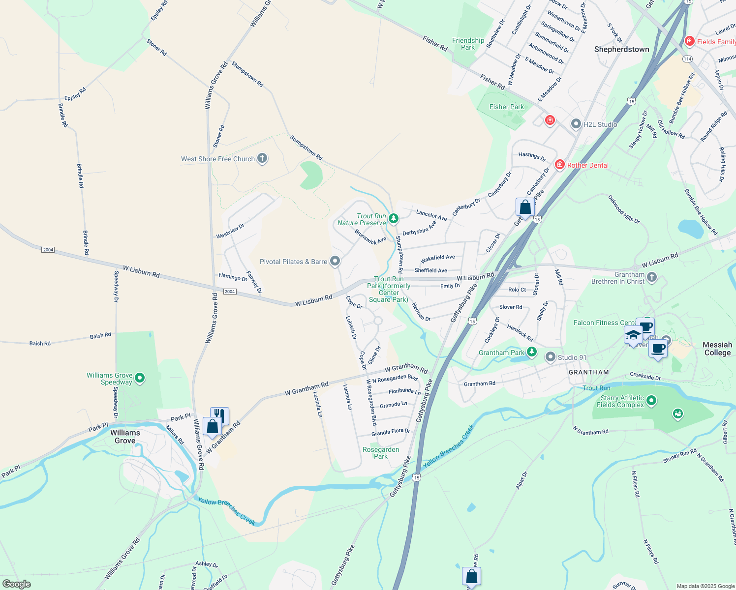map of restaurants, bars, coffee shops, grocery stores, and more near 1121 Atland Drive in Mechanicsburg