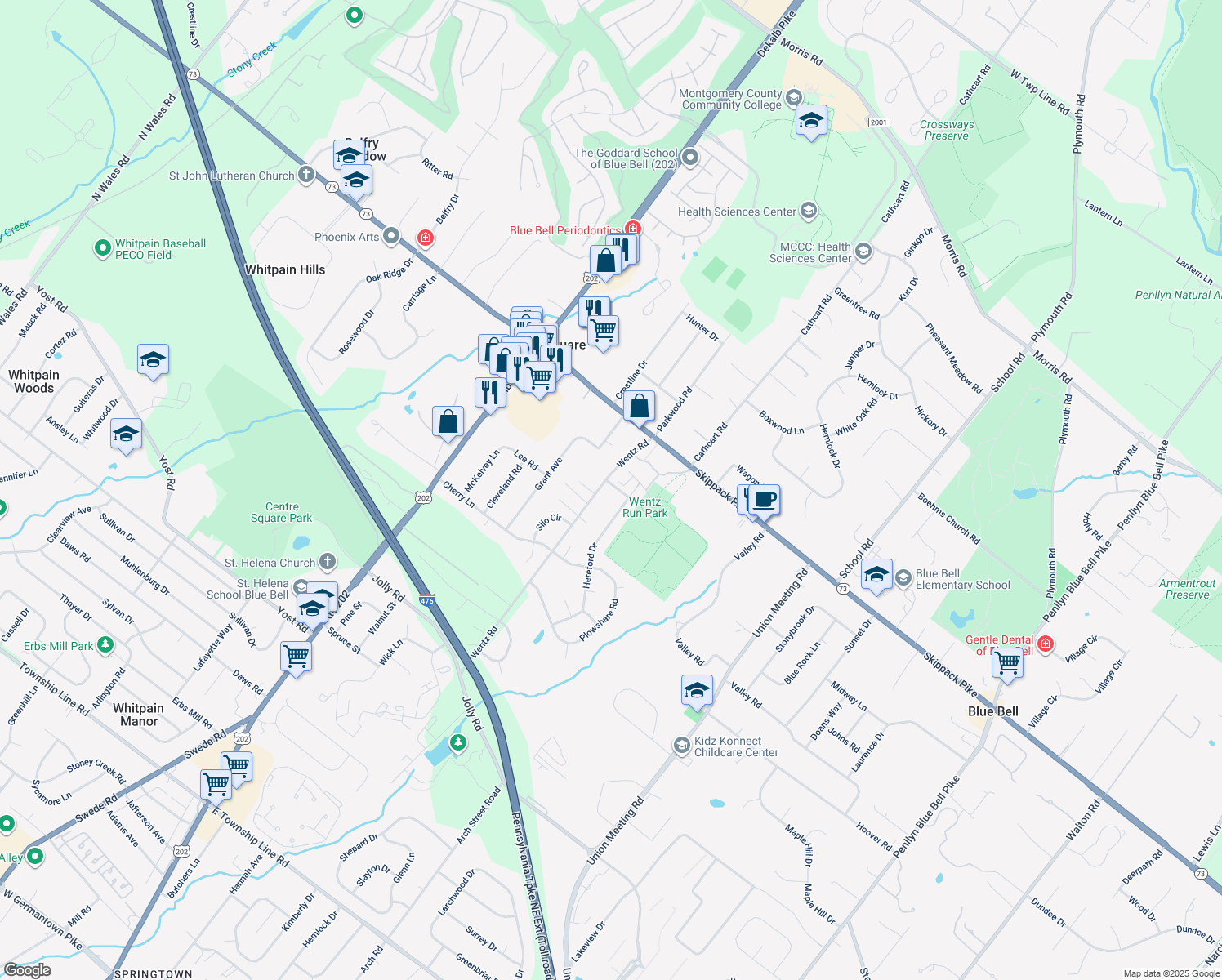 map of restaurants, bars, coffee shops, grocery stores, and more near 1006 Wentz Road in Blue Bell