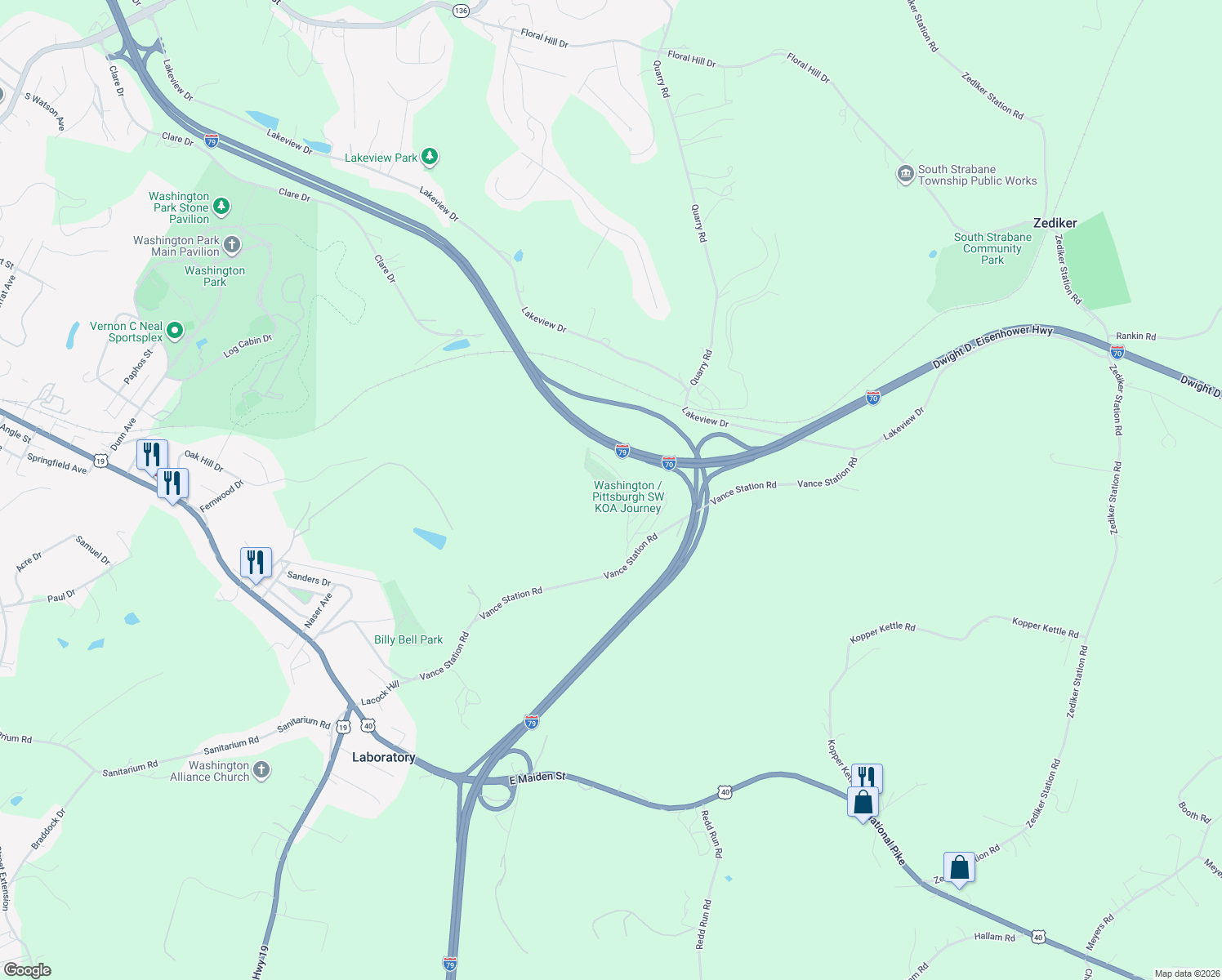 map of restaurants, bars, coffee shops, grocery stores, and more near Koa Road in Washington County