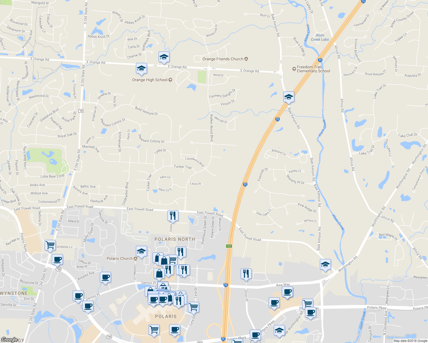 map of restaurants, bars, coffee shops, grocery stores, and more near 3053 Maddie Court in Lewis Center